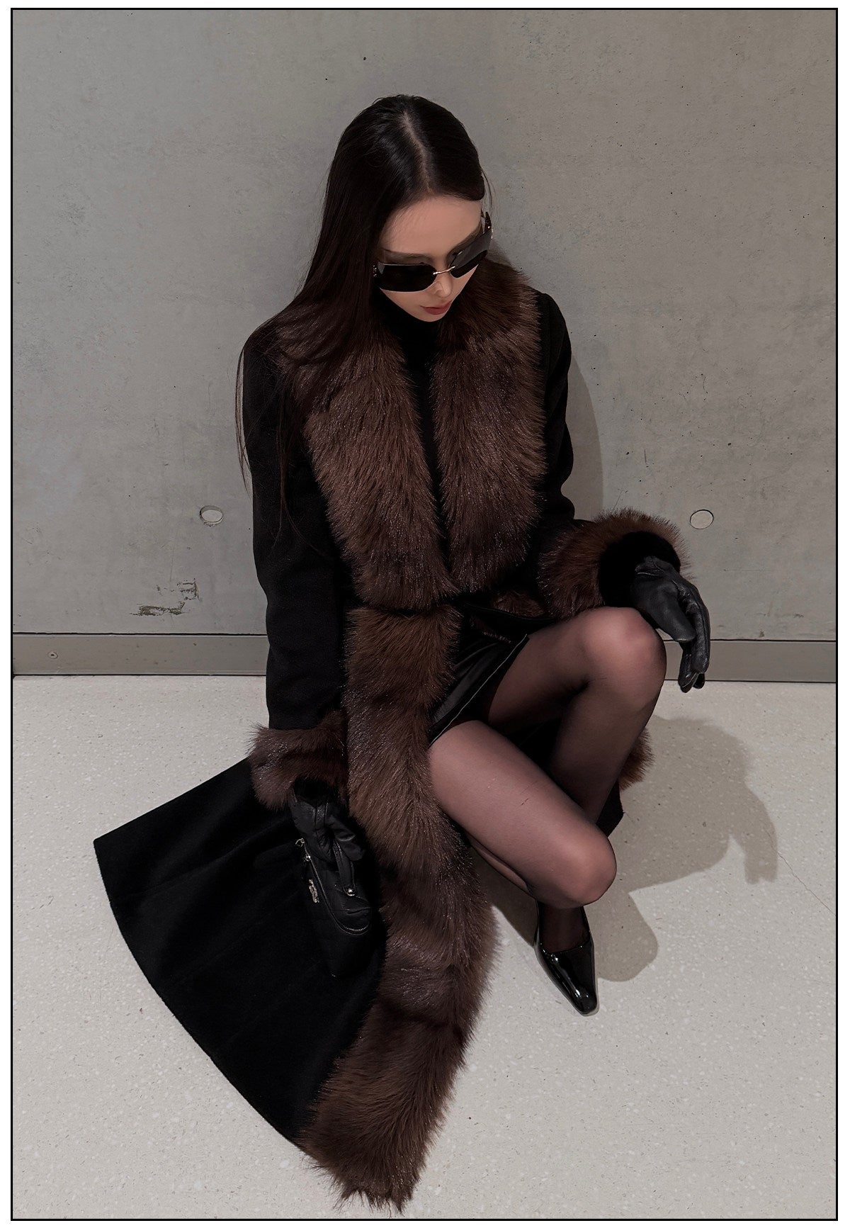 Wool Blend Long Coat with Faux Fur Collar