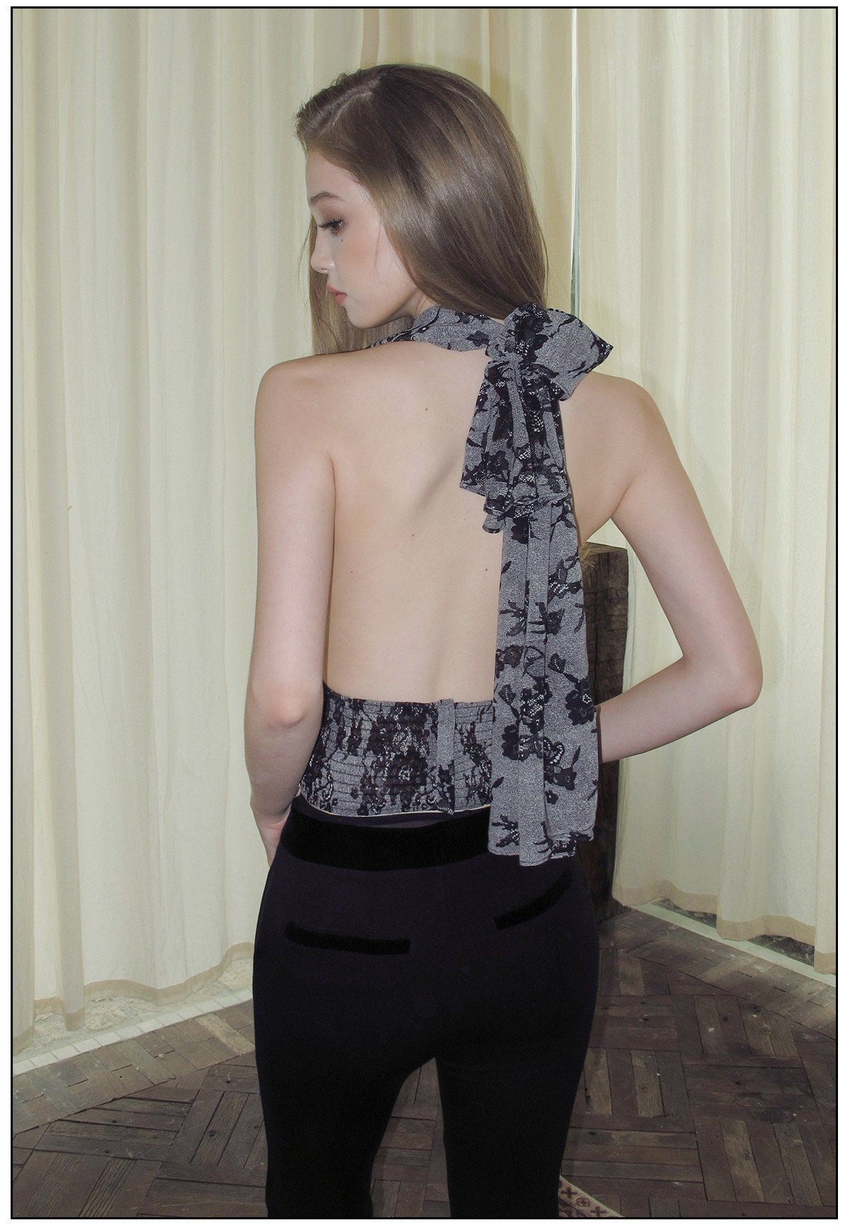 Viscose Halter Neck Cami Top - Gray Black Floral