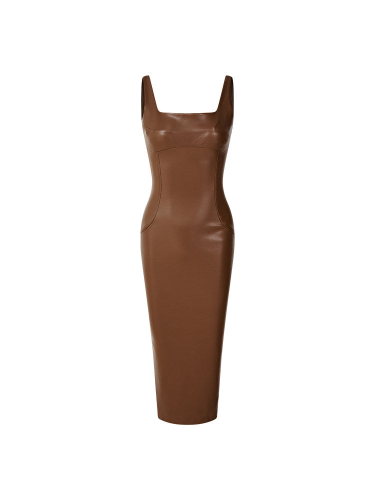 PU Dress - Fitted High Slit Brown Dress