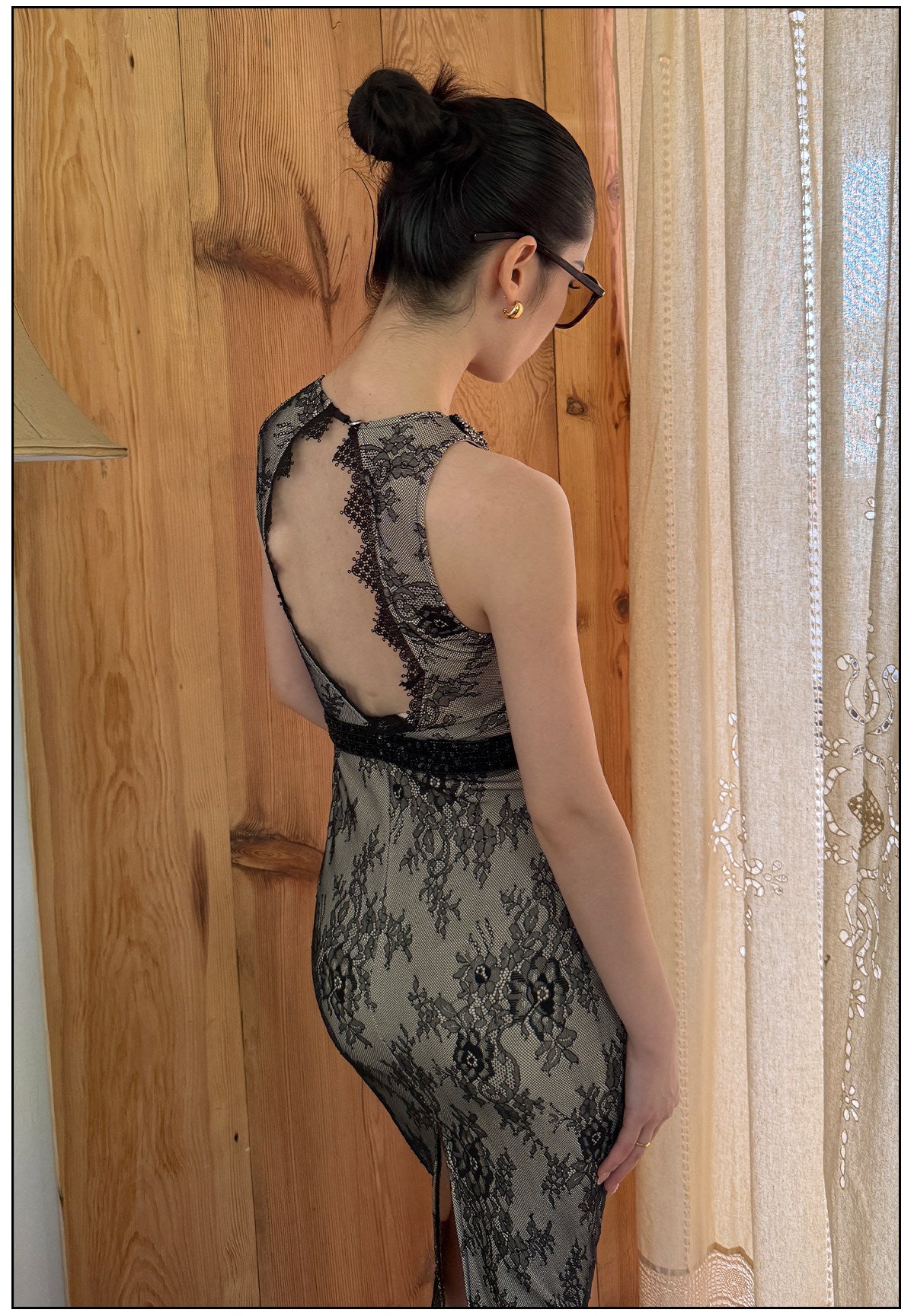 Lace Embroidered Black Dress - Elegant Mid-Length Design