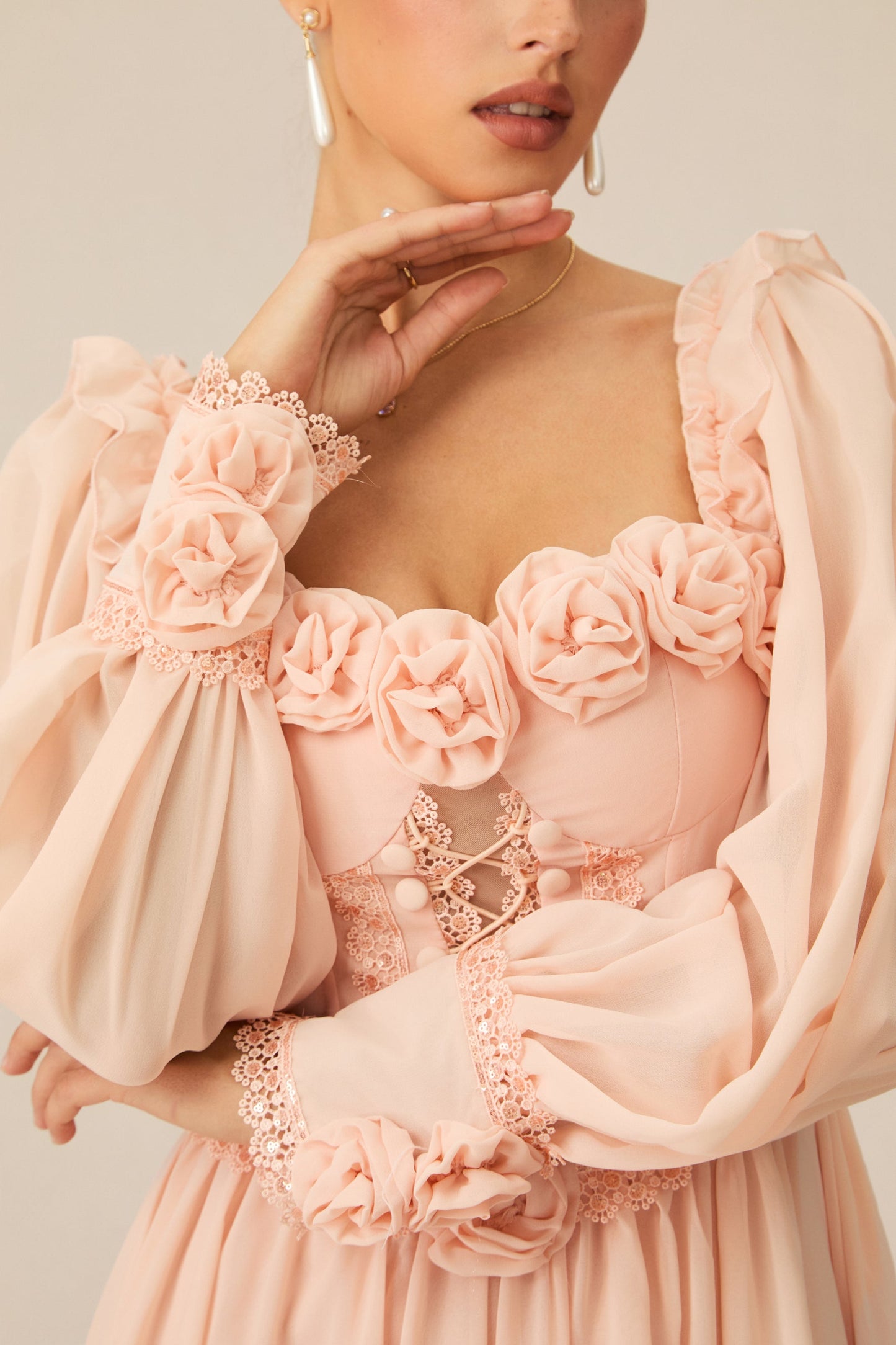 Jane Apricot Maxi Dress with Delicate Rosette Trim