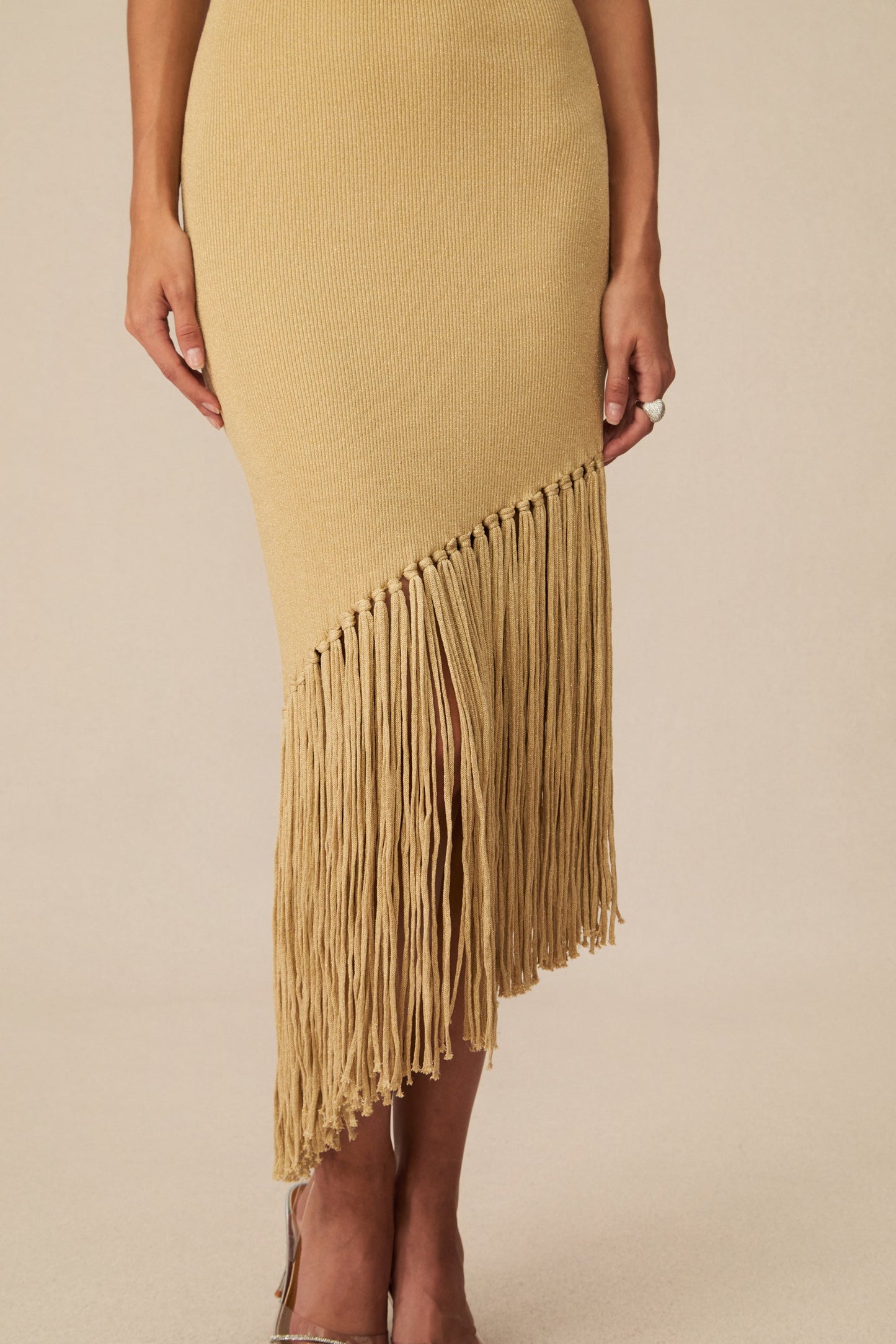 Naomi Chic Beige Fringe Knit Midi Dress