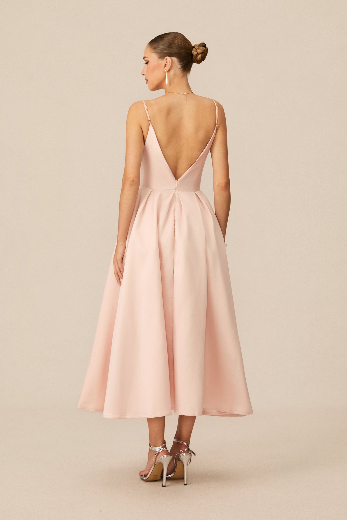 Stella Charming Pink V-Neck Spaghetti Straps Midi Dress
