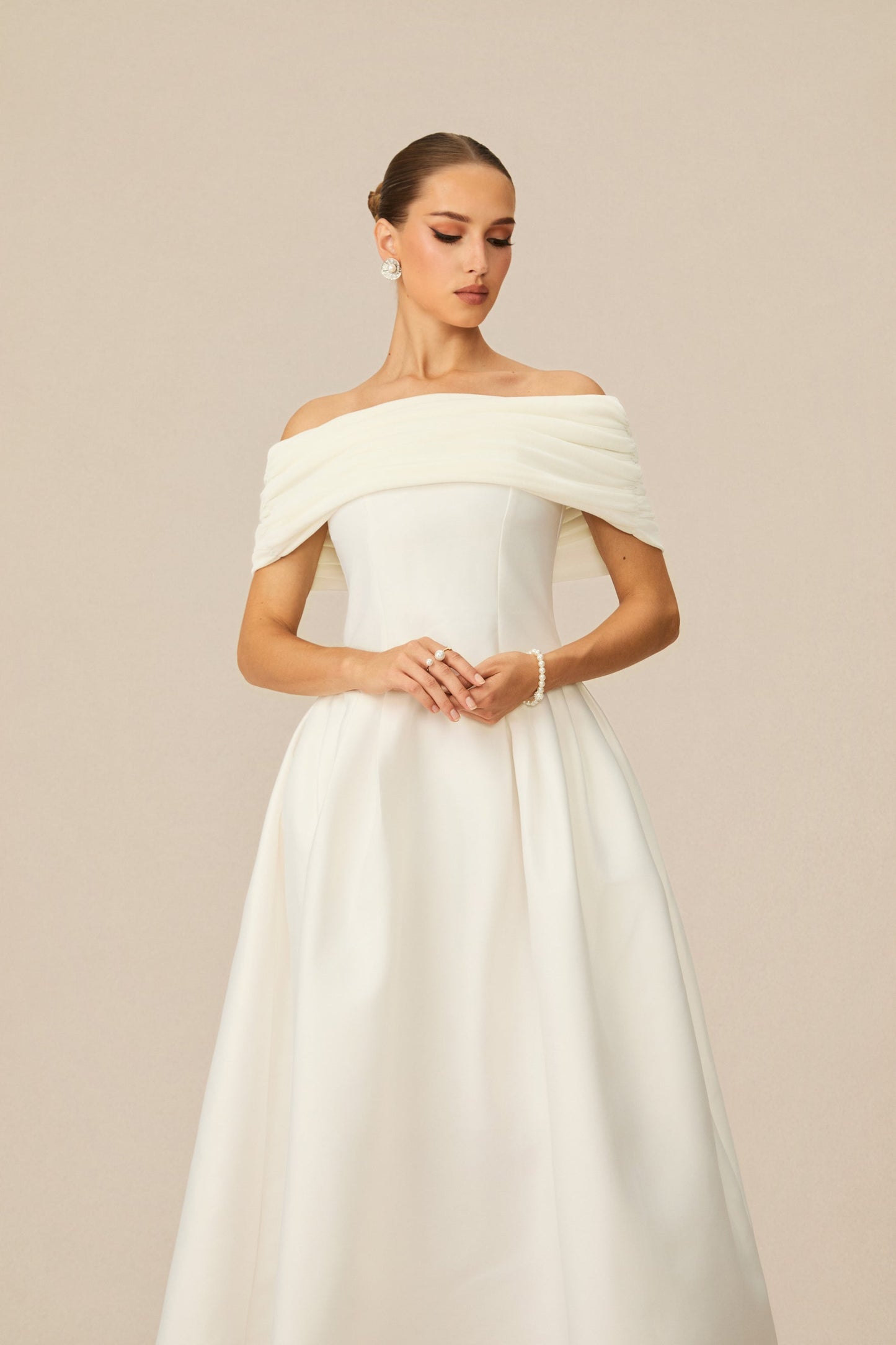 Beth Off Shoulder Flare Satin Midi Dress