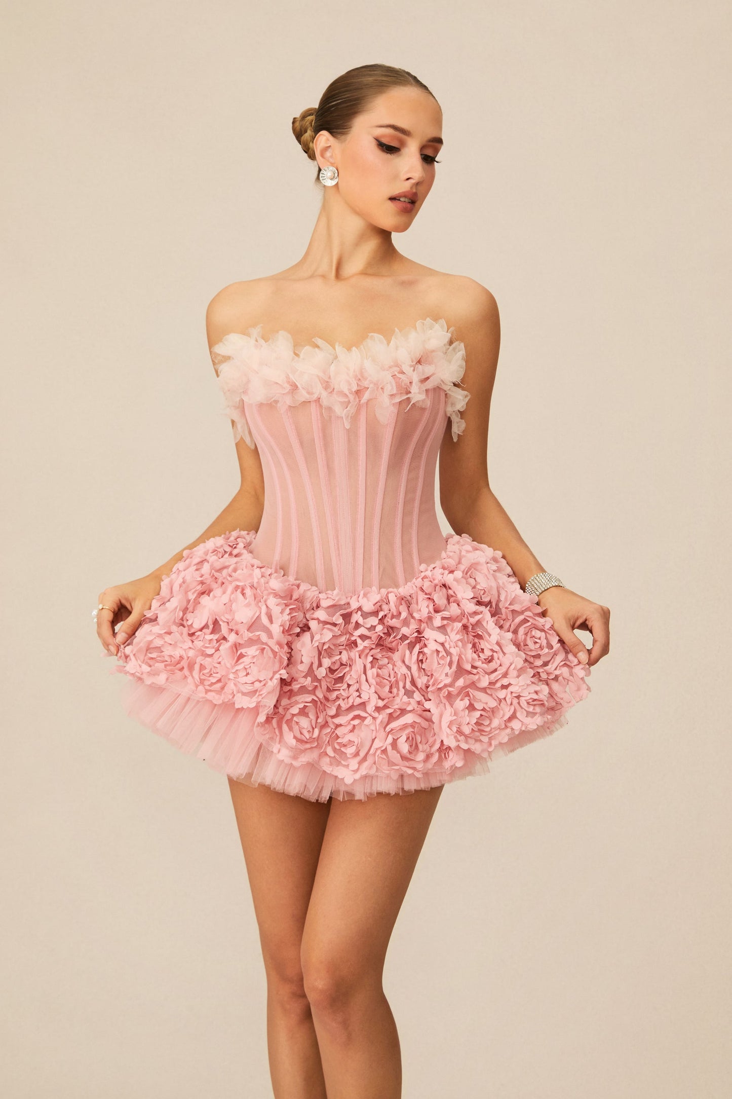 Meg Lovely Floral Applique Strapless Corset Mini Dress
