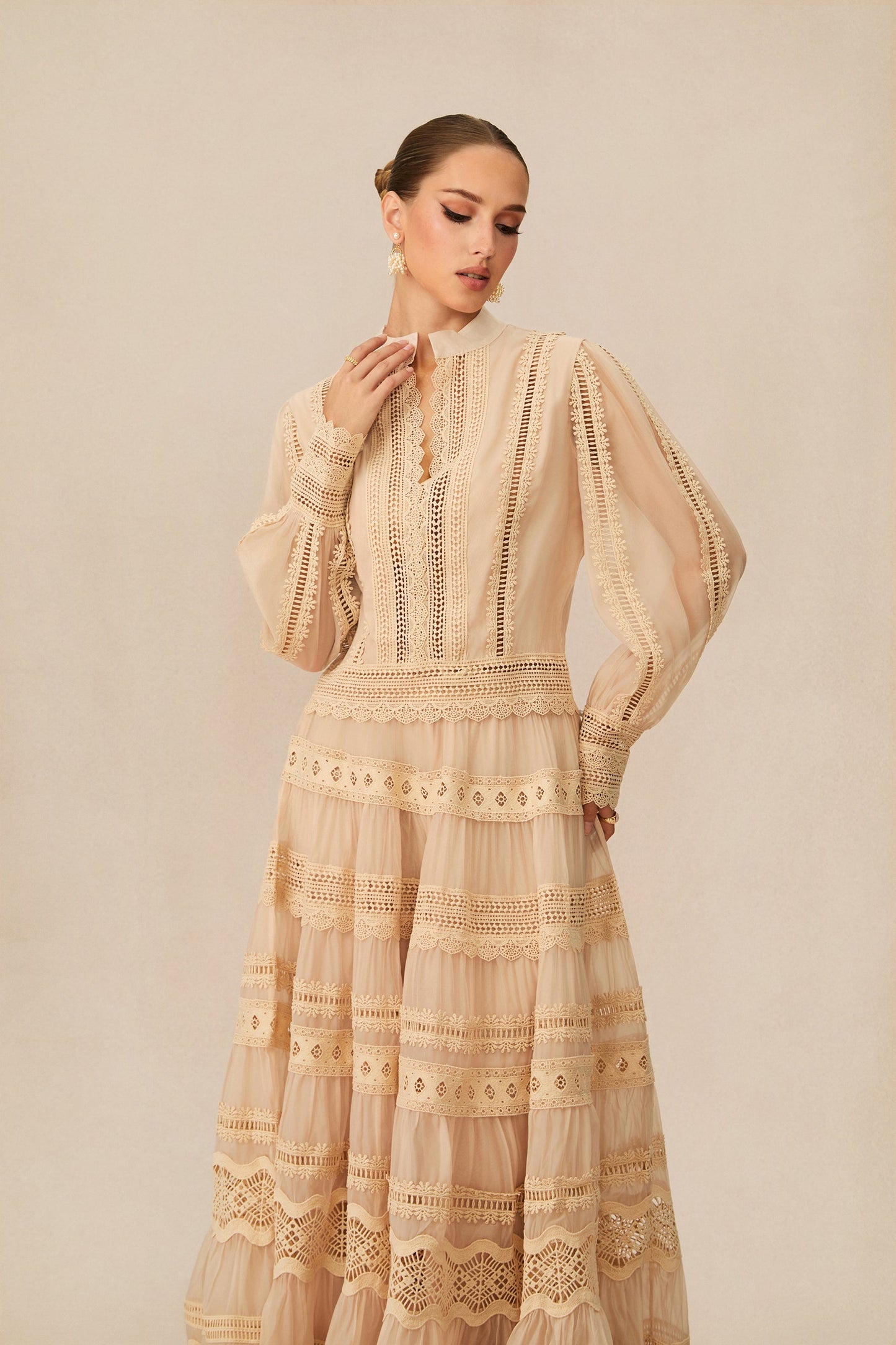Sierra Beige Lace Embroidered Top and Skirt Set