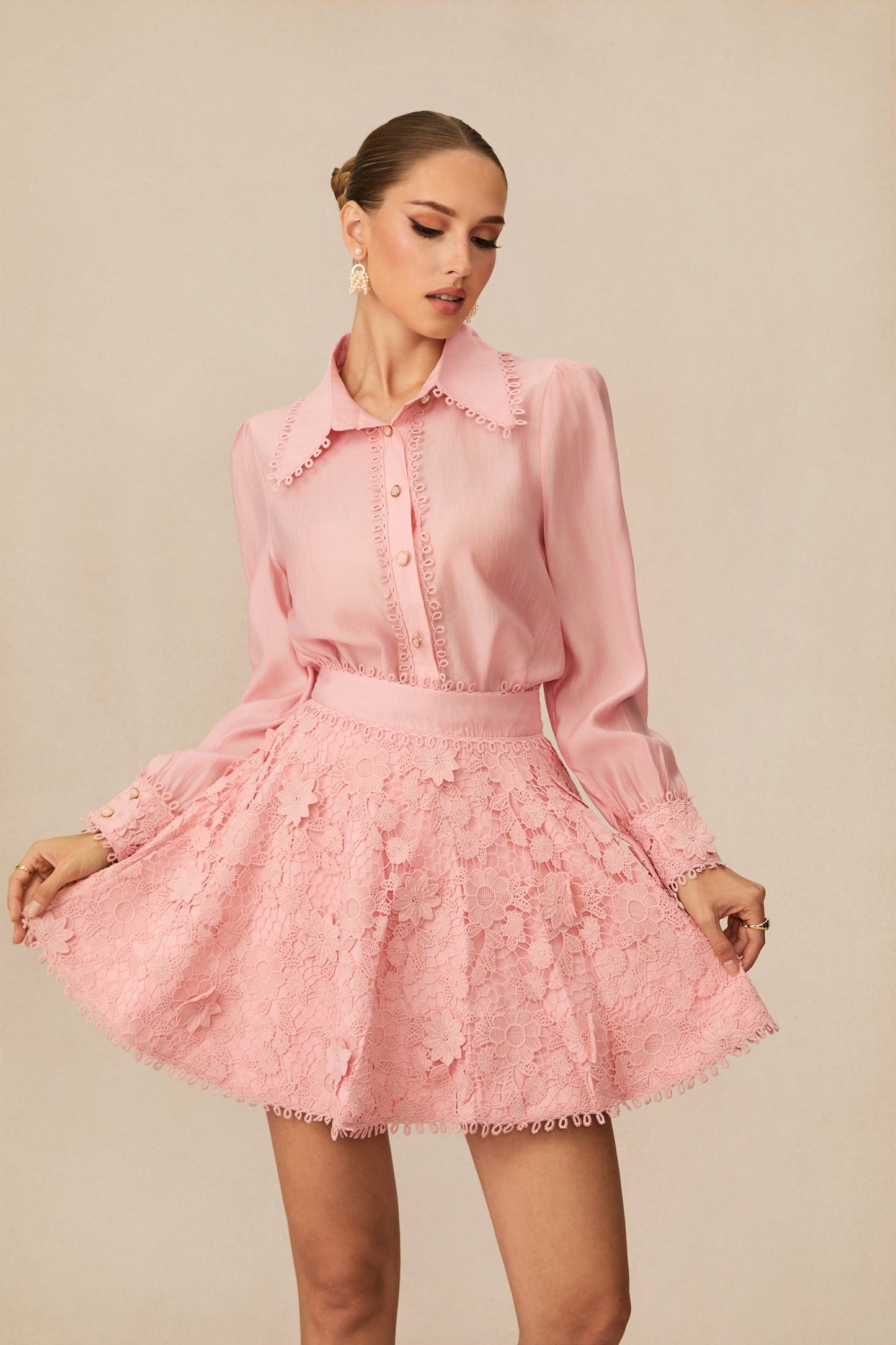 Eden Pink Floral Lace Shirt and Skirt Set