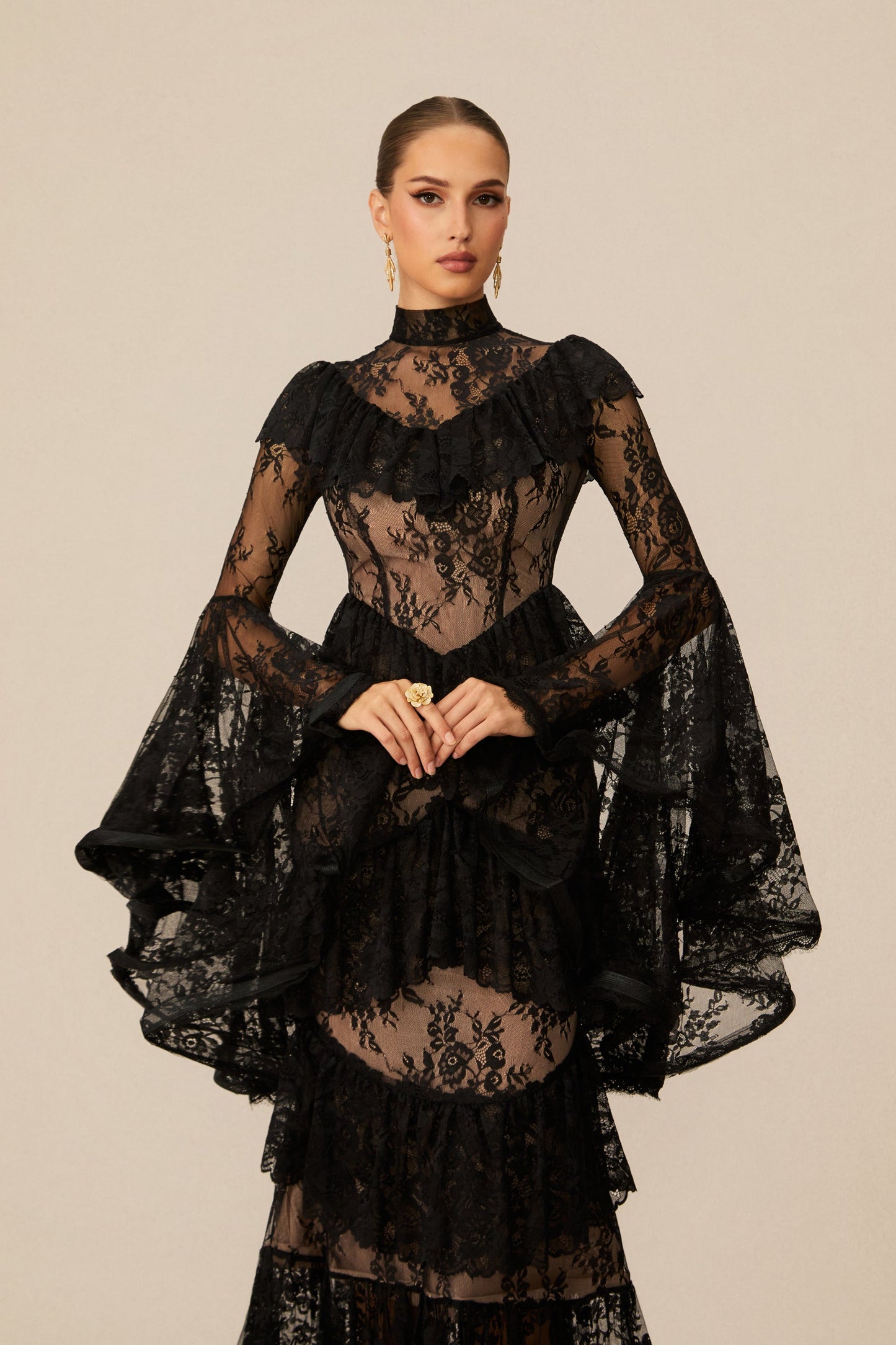 Ella Beautiful Tiered Ruffle Sheer Lace Maxi Dress