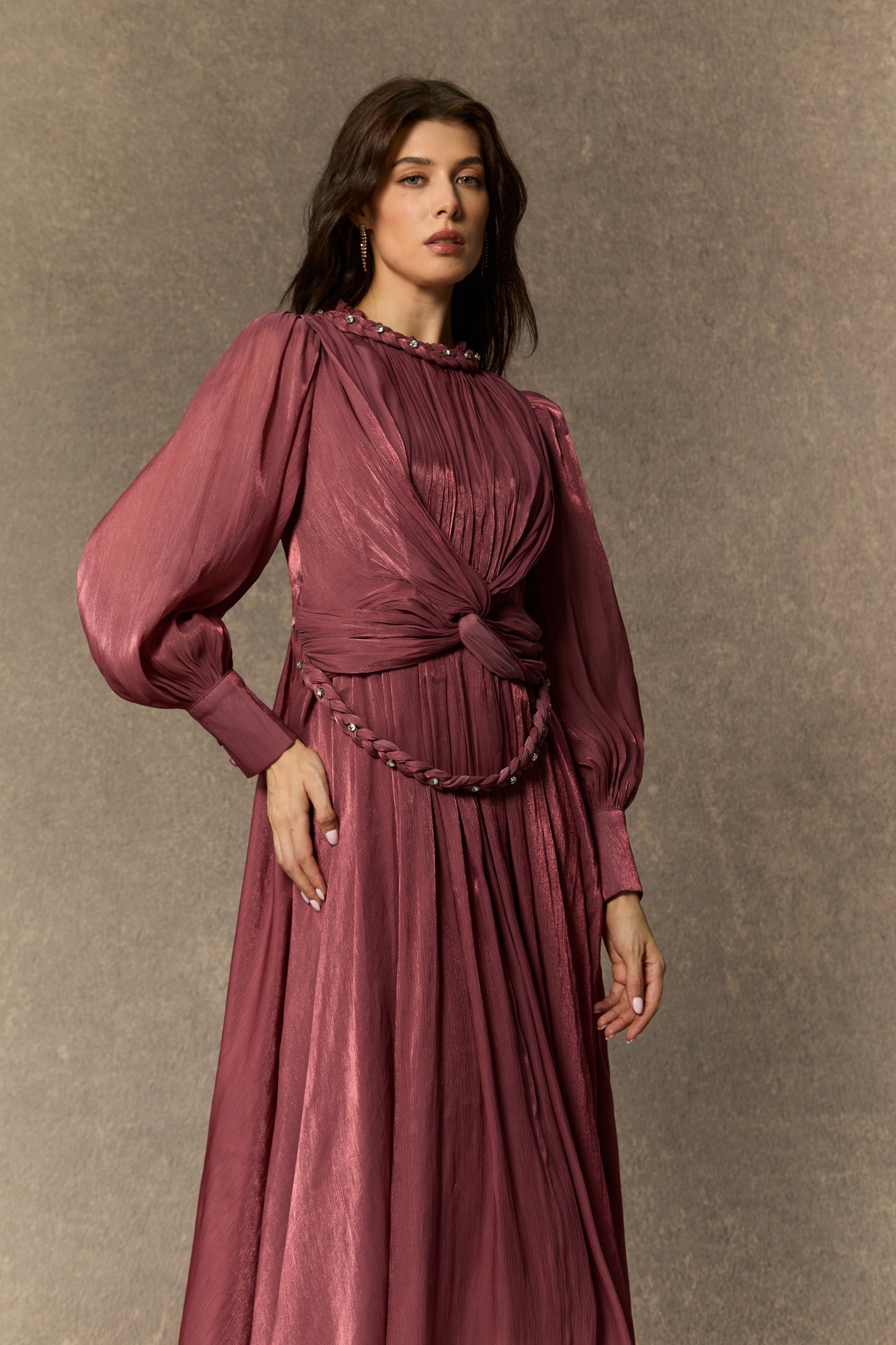 Kate Enchanting Dark Pink Braided Lantern Sleeve Maxi Dress