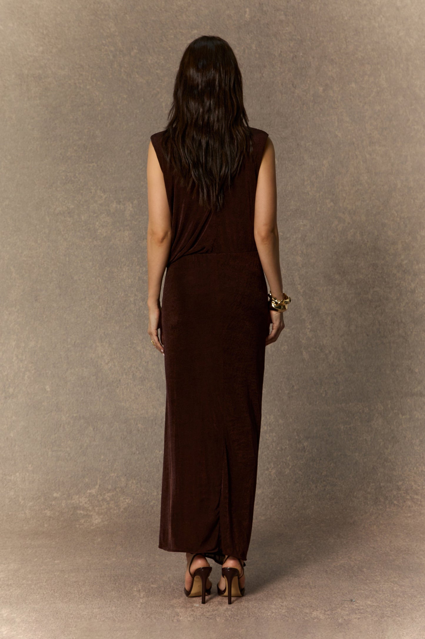 Drew Elegant Brown Sleeveless Draped Maxi Dress