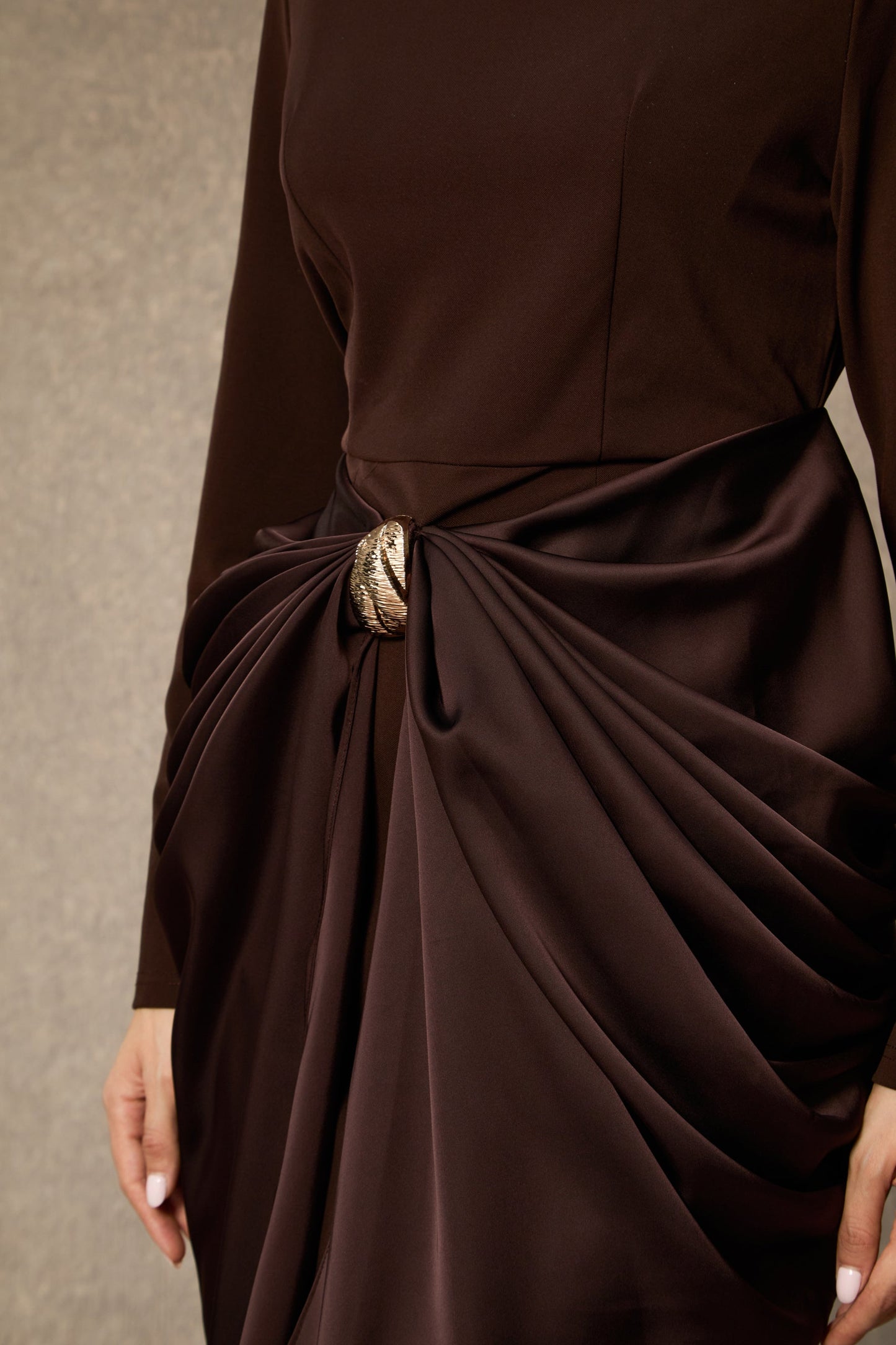 Elise Brown Metal Detail Midi Dress