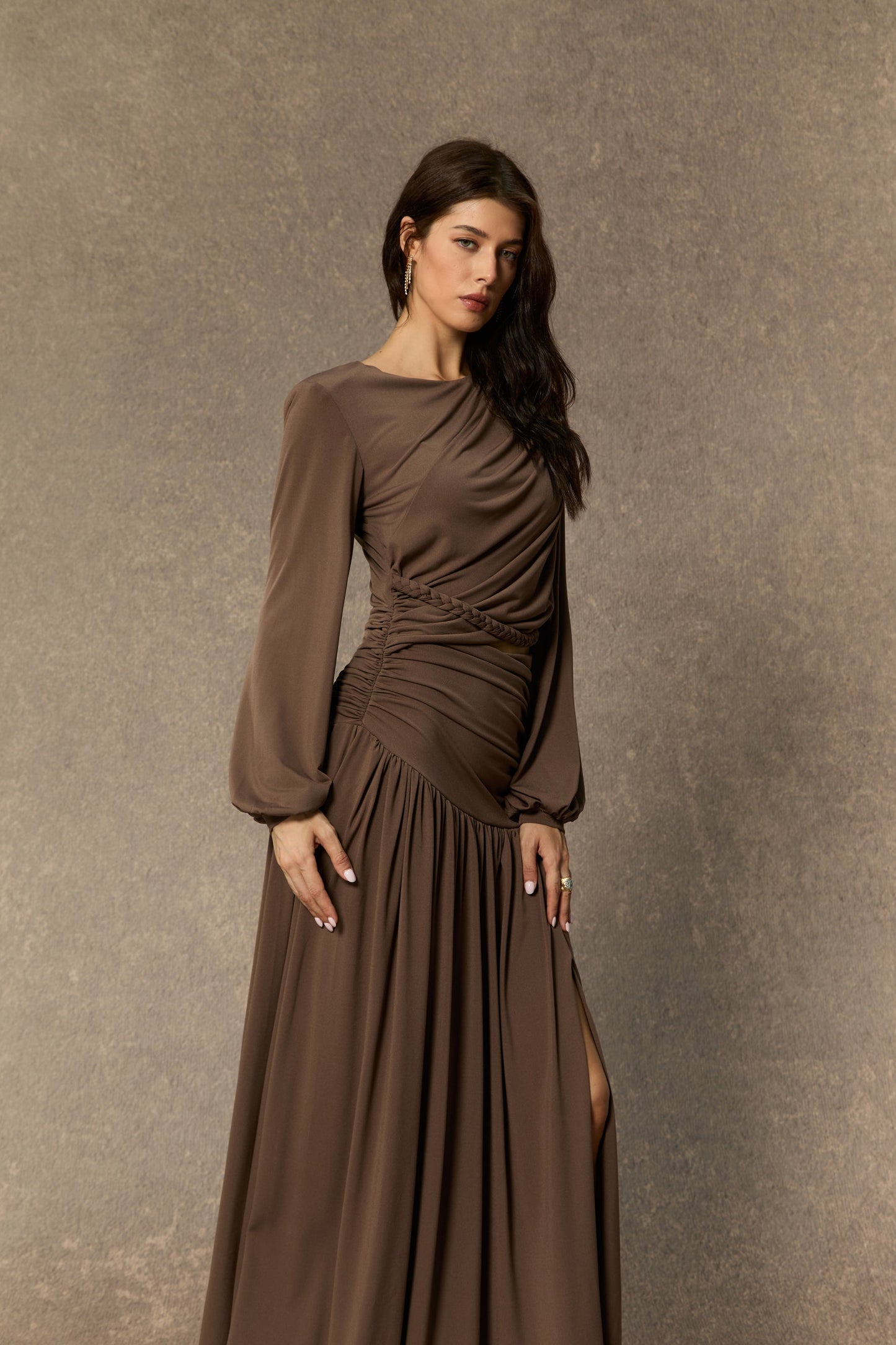 Grace Brown Asymmetric Ruched Maxi Dress