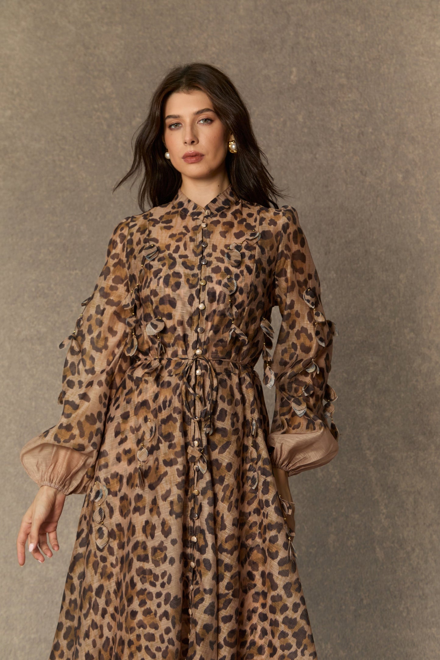 Iris Timeless Brown Leopard Print Leaf Applique Maxi Dress