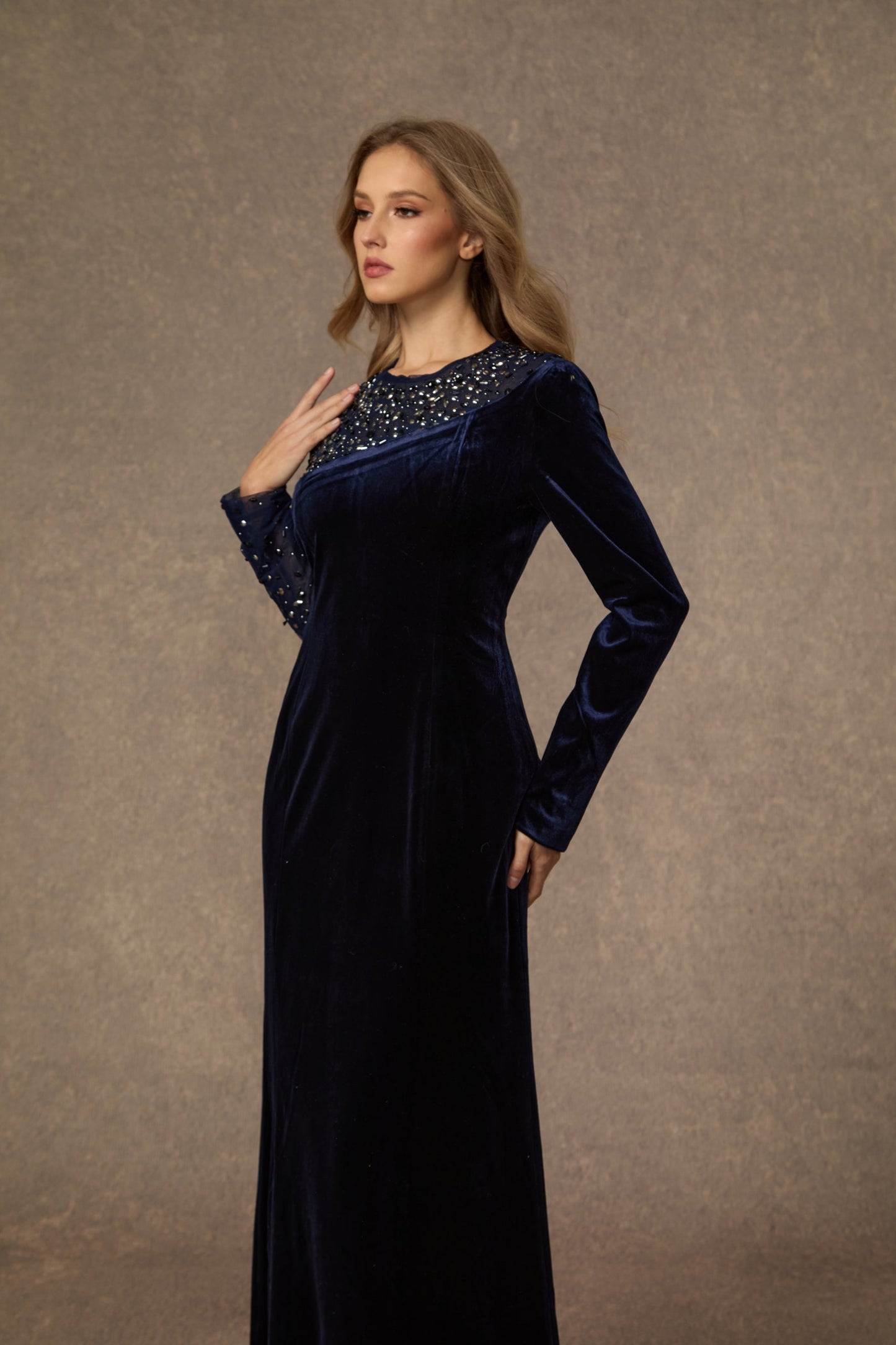 Sage Dark Blue Crystal Embellished Velvet Maxi Gown