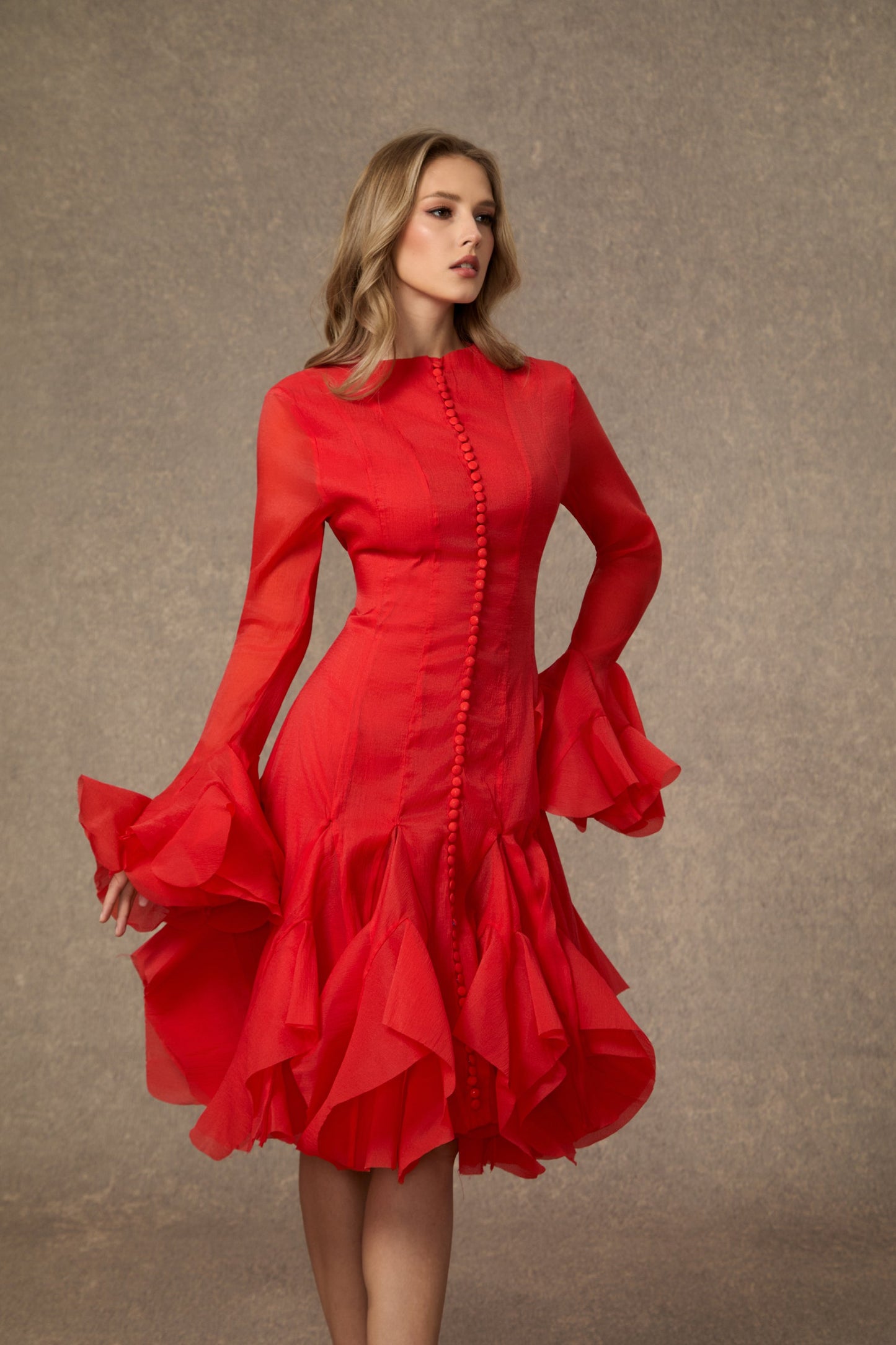 Casey Vibrant Red Layered Ruffle Midi Dress