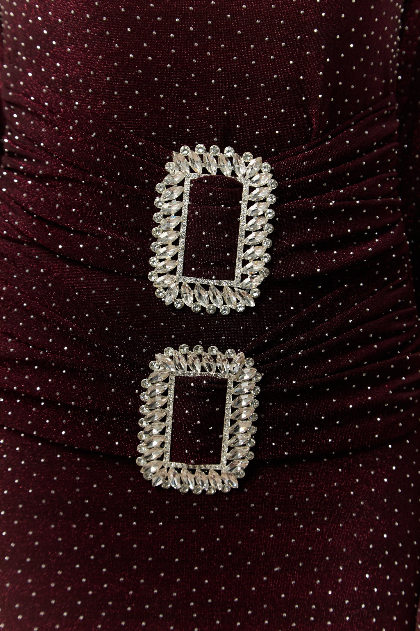 Flora Burgundy Maxi Dress with Crystal Buckle Embellishments