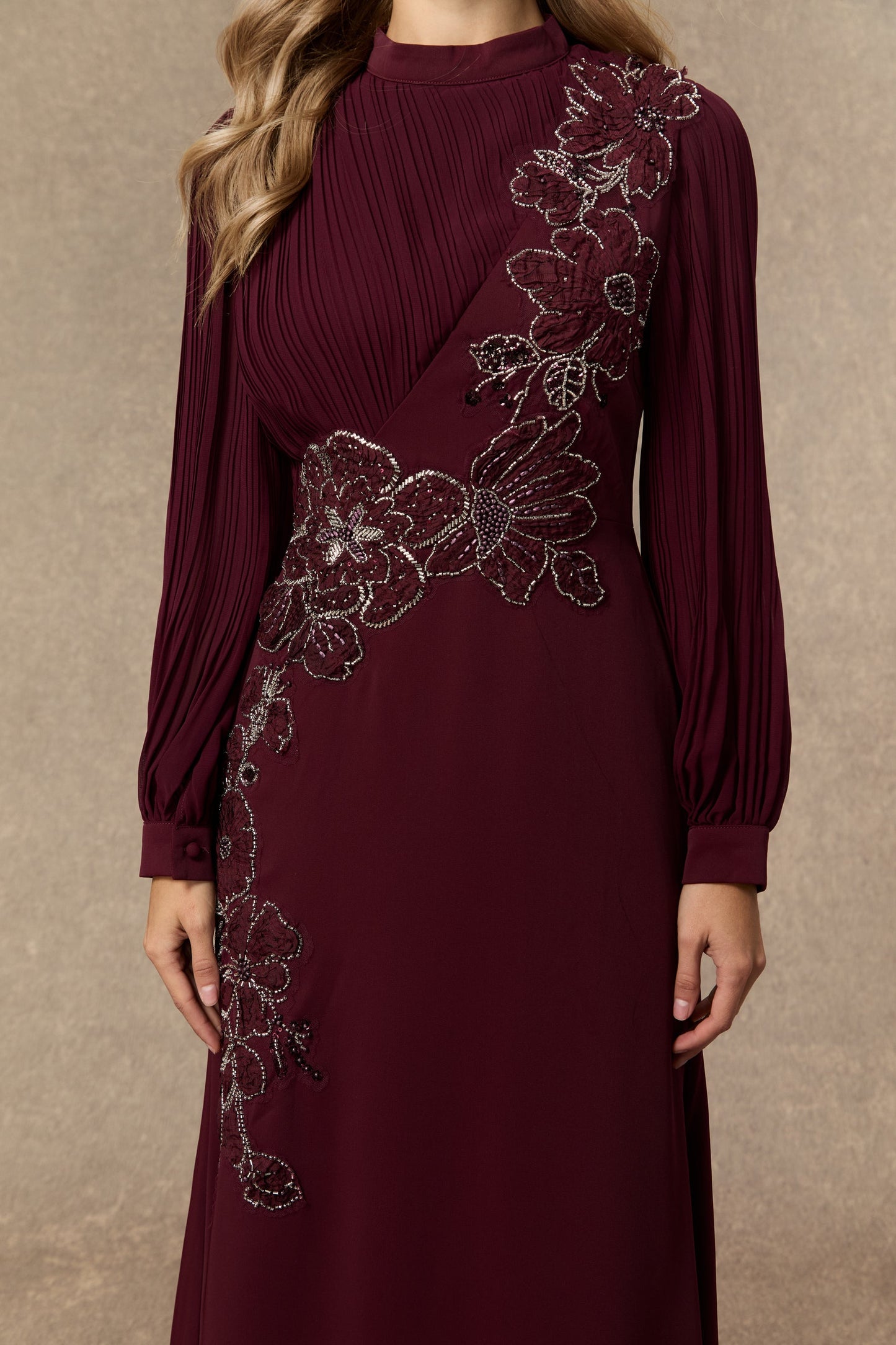 Drew Elegant Burgundy Sequin Embroidered Floral Maxi Dress