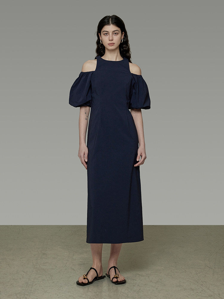 Viscose Navy Blue Slim-Fit Dress with Puff Sleeves – OIDRO