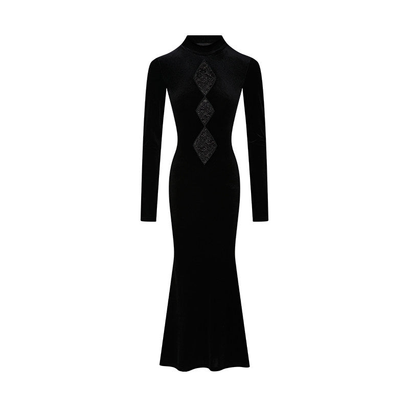 Velvet Dress with Lace Overlay - Elegant Long Dress