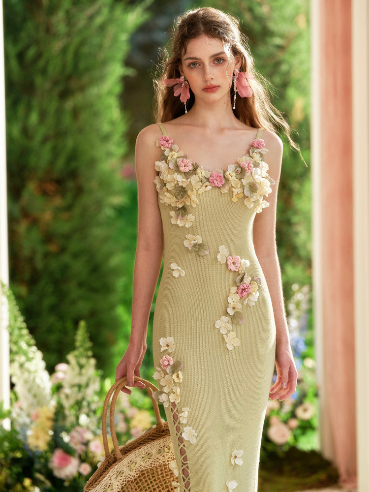 Lace Dress - Green Floral Knitted Slit Design – OIDRO Lace Dress - Green Floral Knitted Slit Design – OIDRO