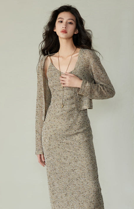 gold cardigan dress Shimmer Knit Dress & Cardigan