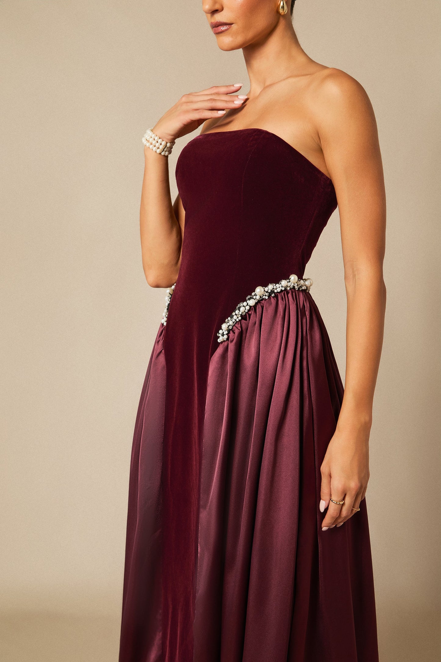 Thea Exquisite Strapless Pearl Embellished Velvet Maxi Dress