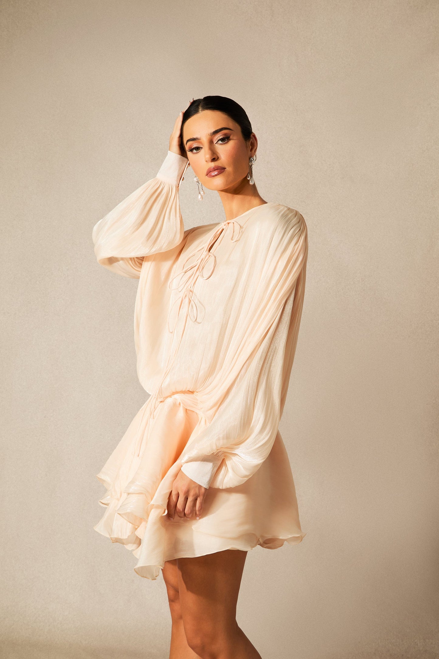 Lena Sweet Apricot Mini Dress with Lace-Up Detail and Ruffles
