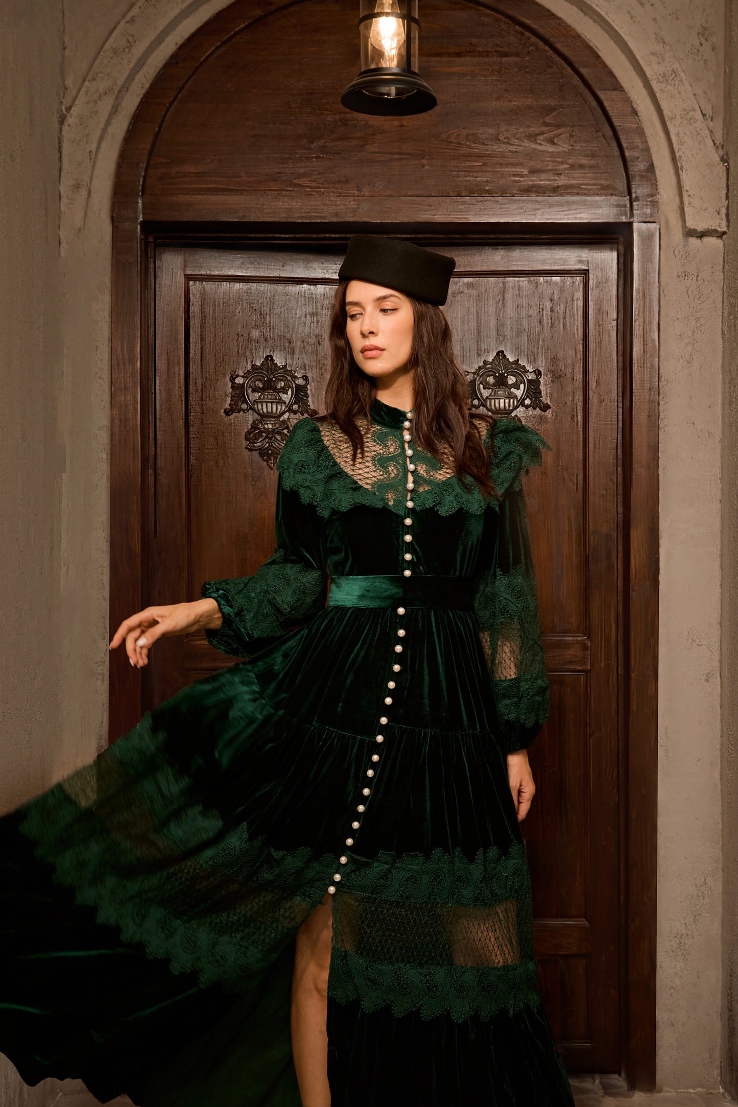 Dark Green Velvet Lace Panel Maxi Dress