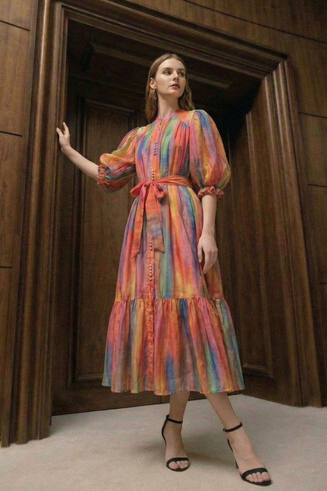 Polyester Long Dress with Waist Tie and Elegant Print – OIDRO