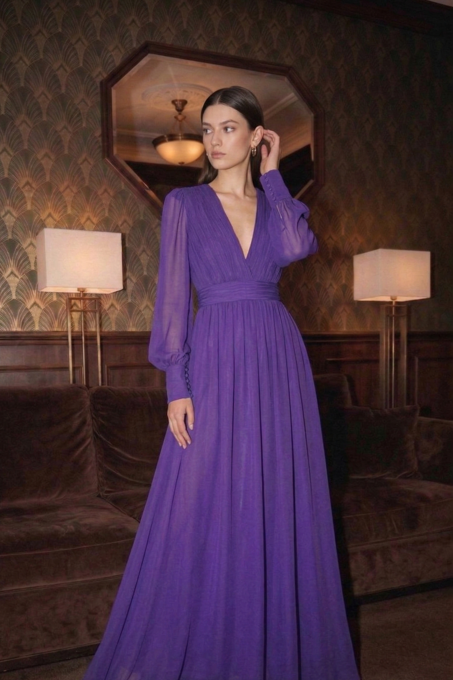 Polyester V-Neck Long Purple Dress with Cinched Waist – OIDRO