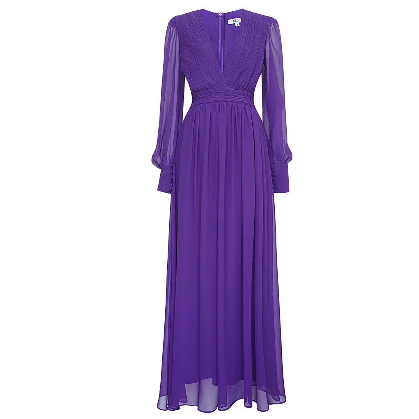 فستان طويل بنفسجي من البوليستر برقبة على شكل V وخصر مشدود