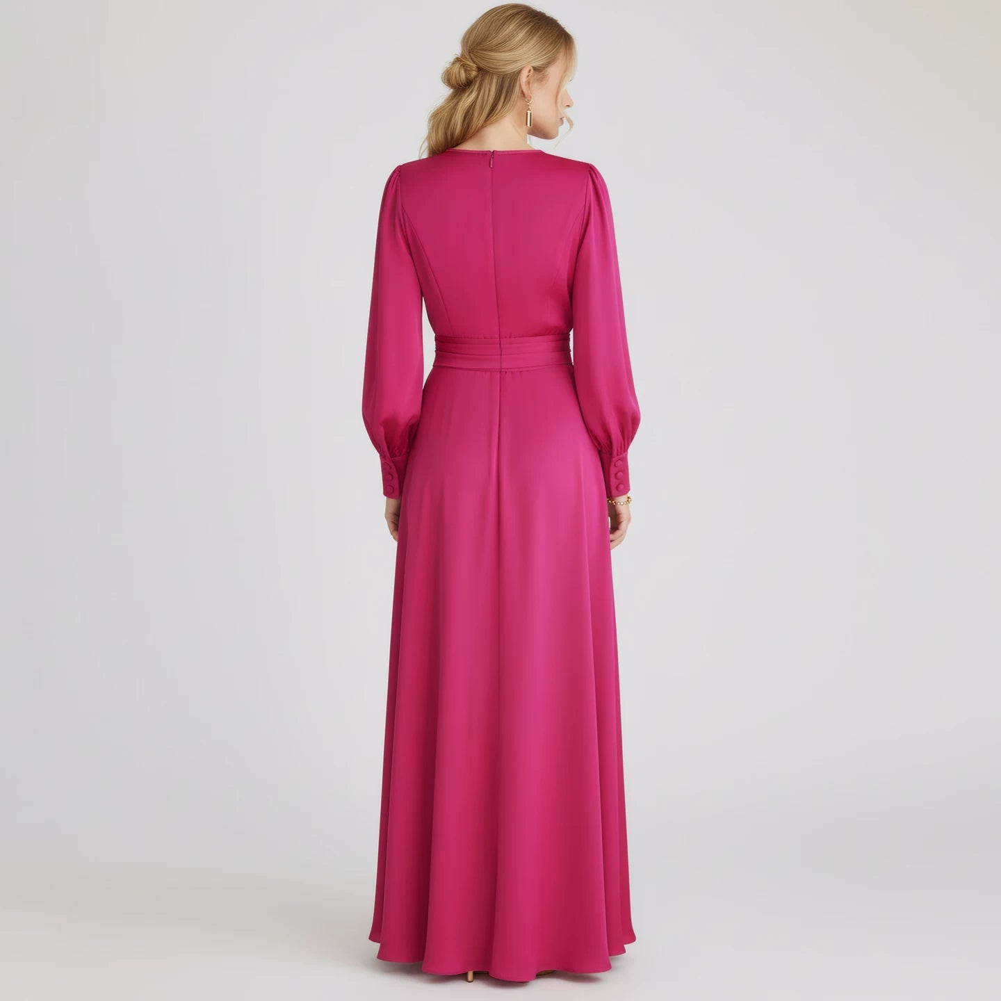 فستان طويل من البوليستر بياقة قائمة وتطريزات زهرية