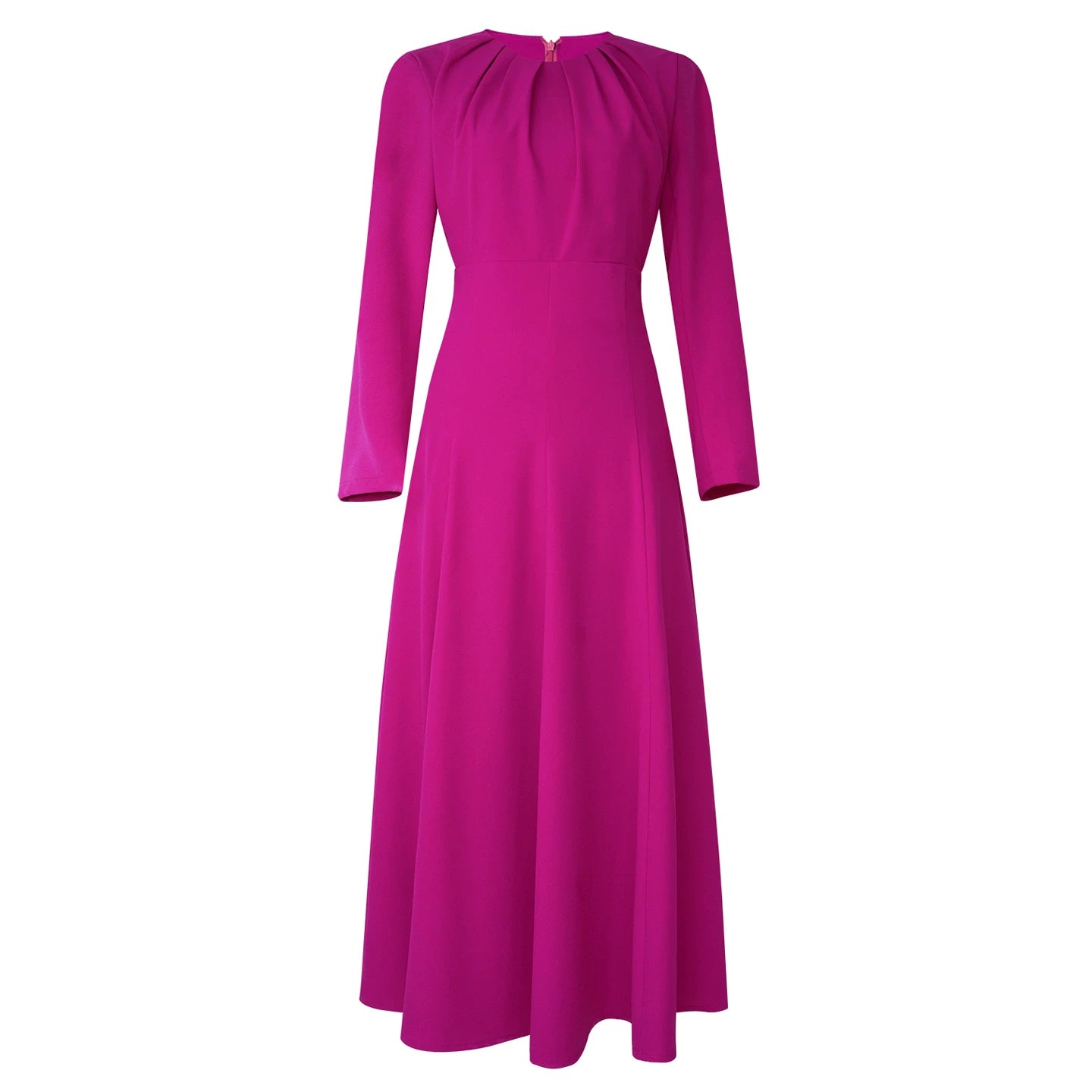 Polyester A-Line Dress - Rose Red, High Waist, Long Sleeve