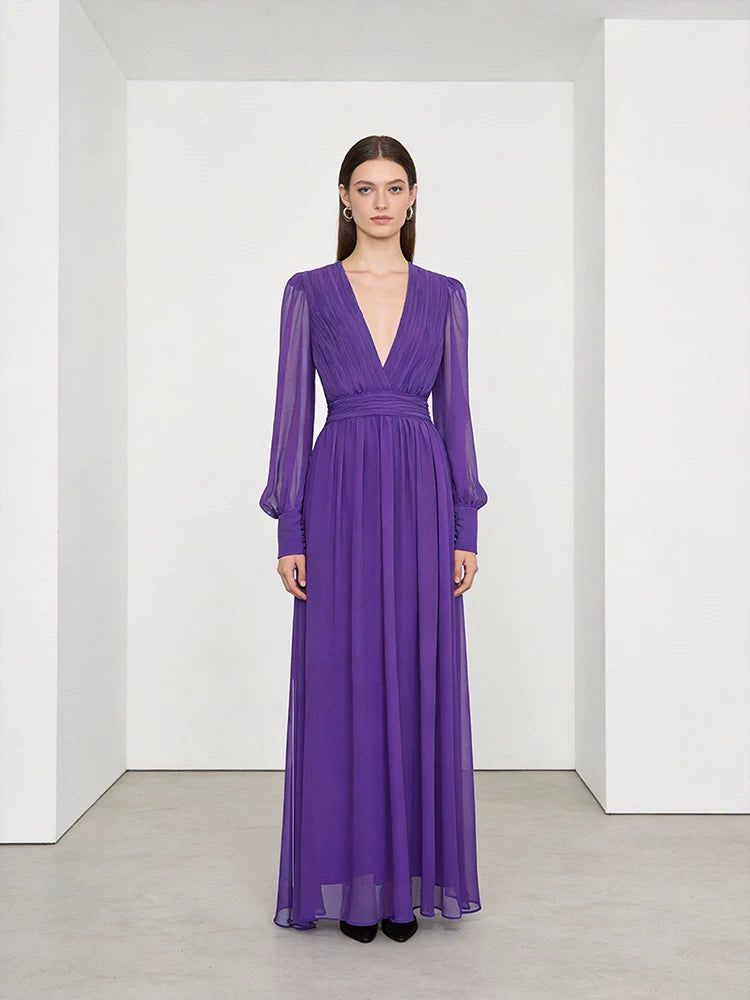 Polyester V-Neck Long Purple Dress with Cinched Waist