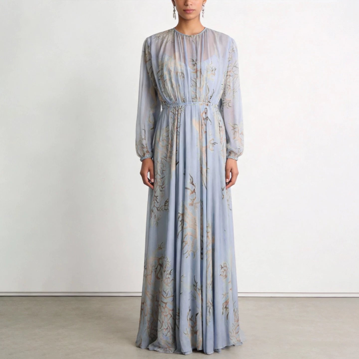 Cotton Long Dress with Lantern Sleeves and Floral Print