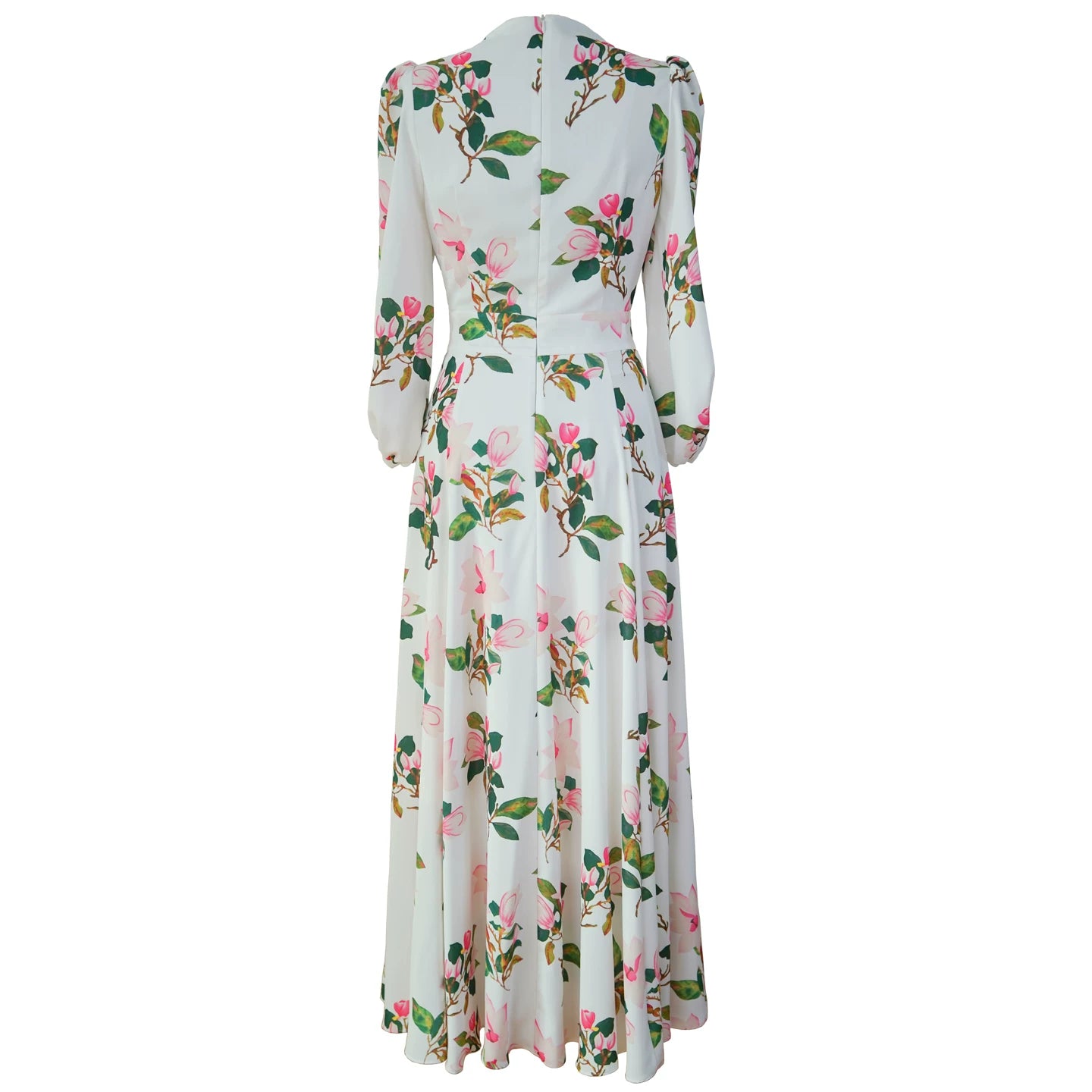 Satin Long Dress with Lantern Sleeves and Elegant Print