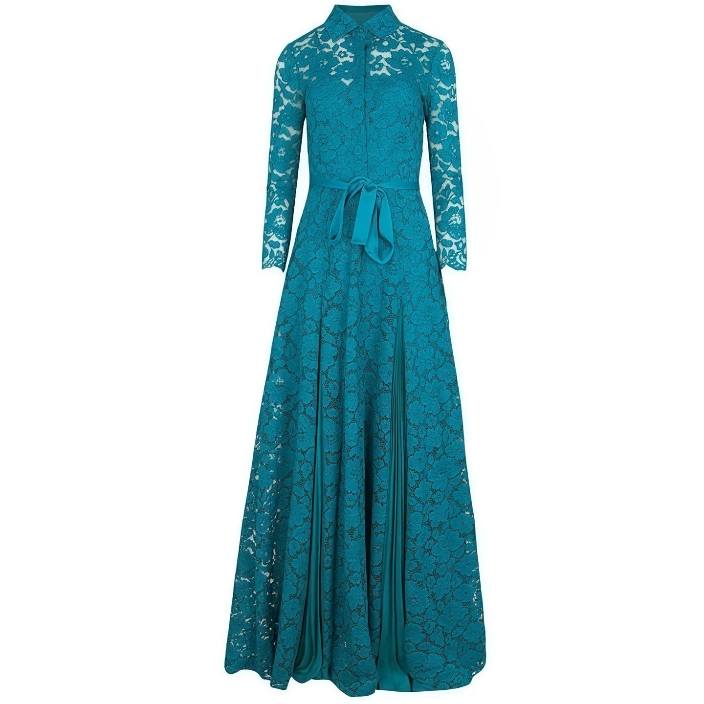 فستان دانتيل بتصميم قطعتين وهمي مع تنورة مطوية ورباط خصر