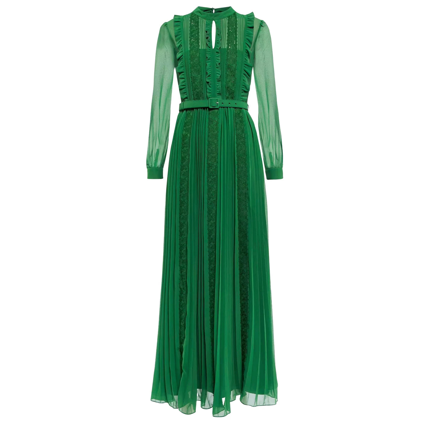 Polyester Lace Stitching Green Long Dress with Tie Waist