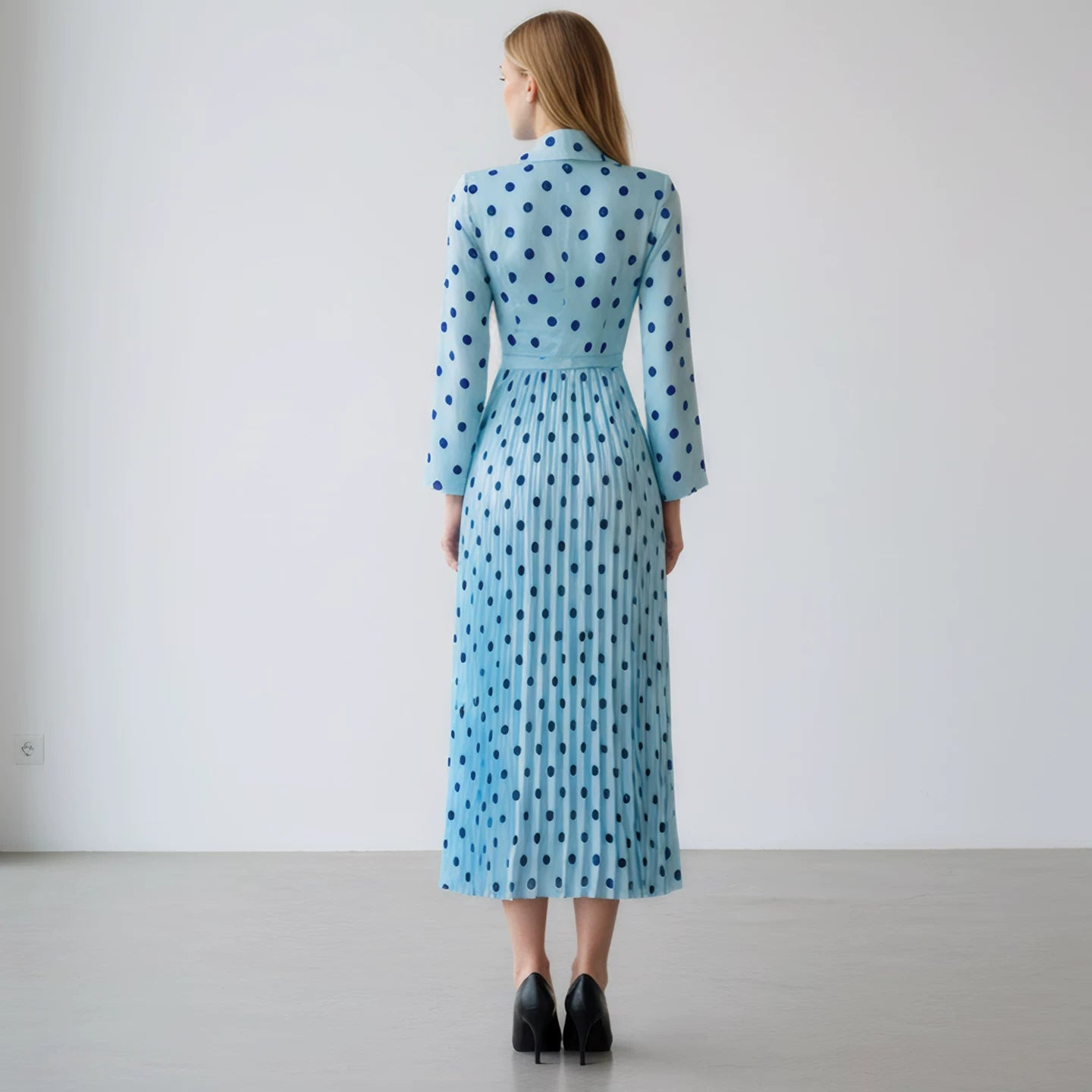 Satin Polka Dot Dress - Elegant A-Line Pleated Design