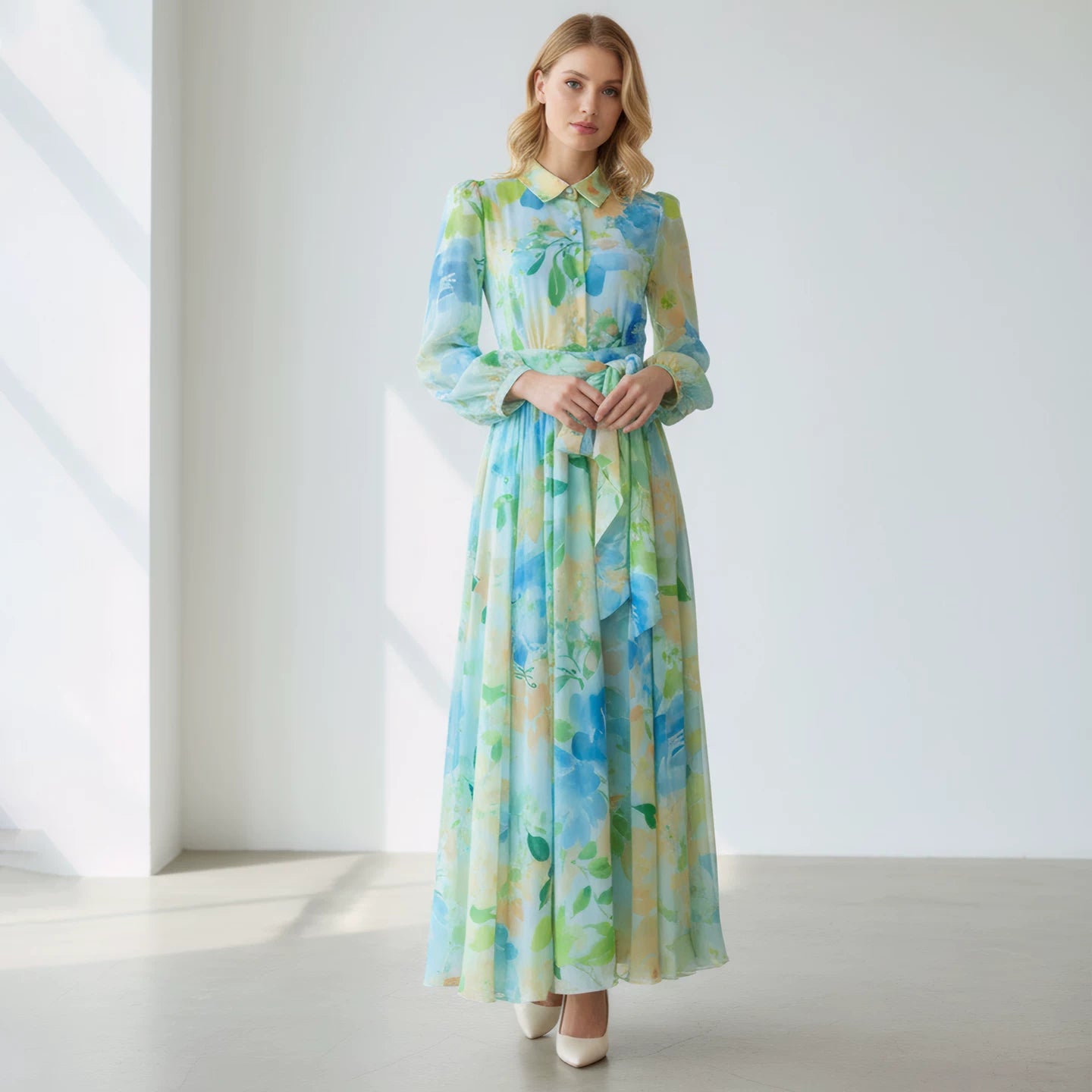 Polyester Floral Long Dress with Faux Two-Piece Design