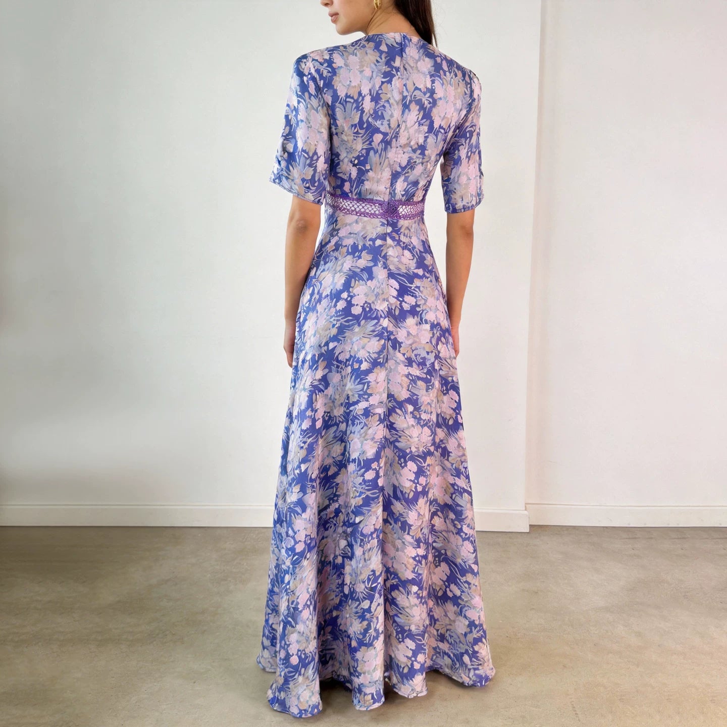 Polyester Floral Print Maxi Dress with V-Neck