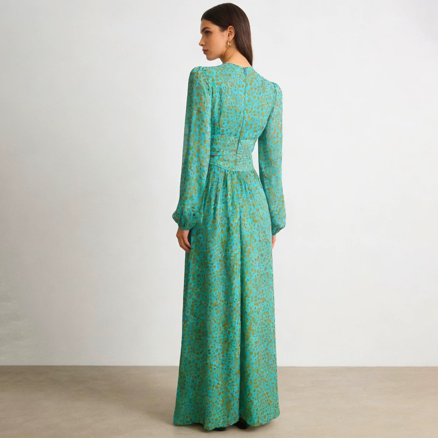 Polyester Leopard Print Long Dress with Elastic Waist