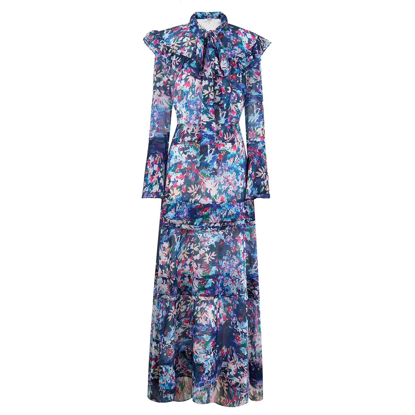 Polyester Long Floral Dress with Tie-Neck