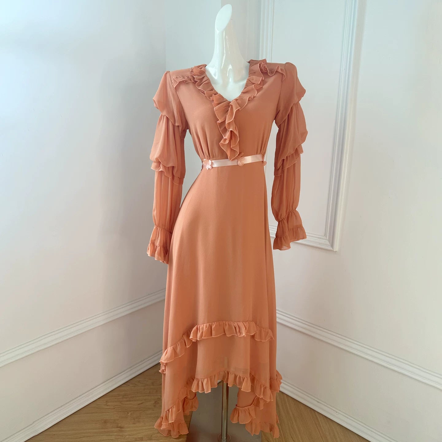 Polyester Asymmetrical V-Neck Ruffle Dress