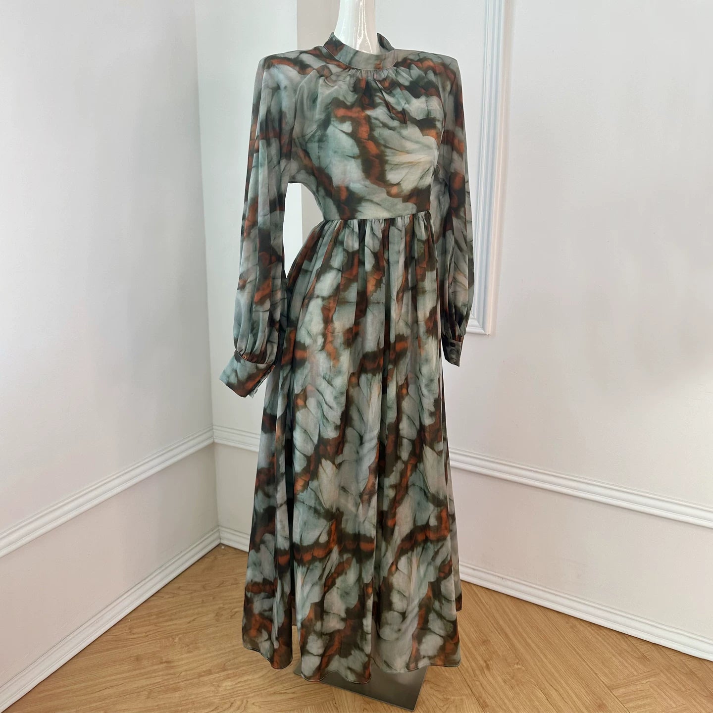 Polyester Long Dress with Stand Collar and Print