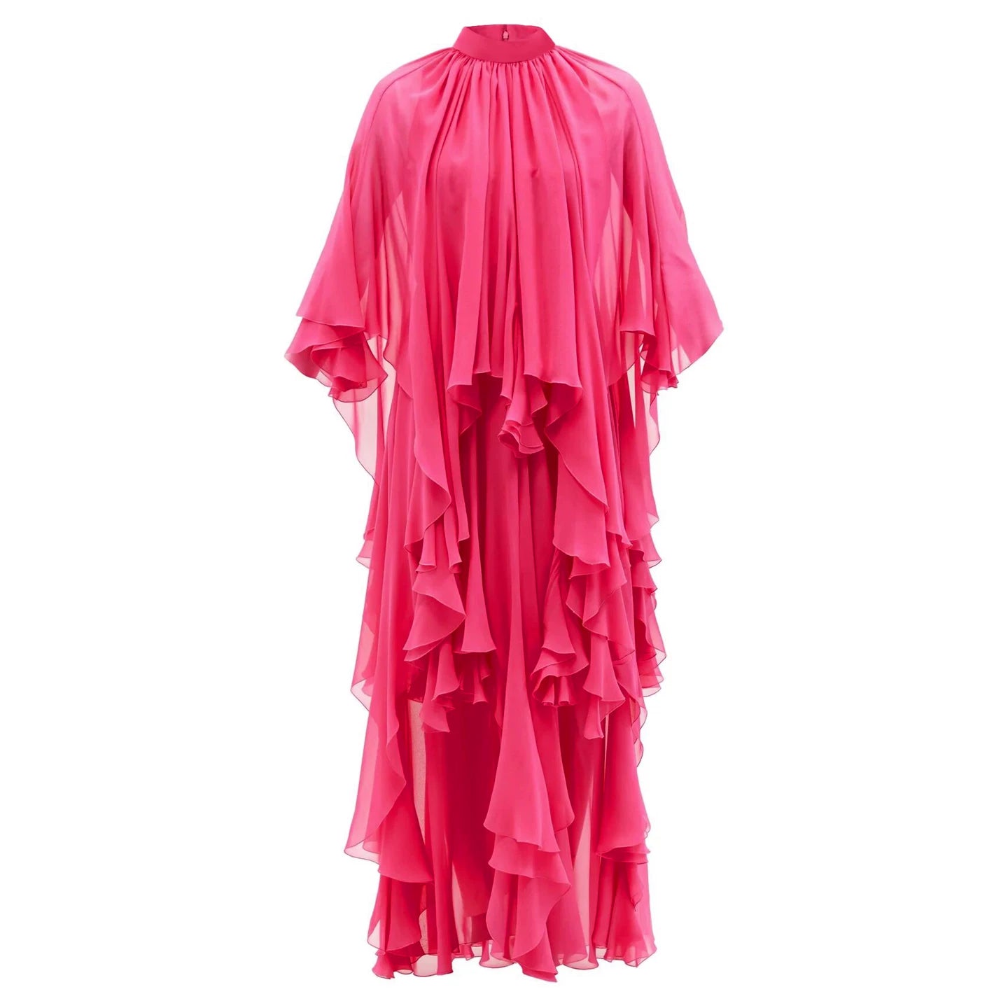 Polyester Cape Dress with Stand Collar and Waist-Cinching Design