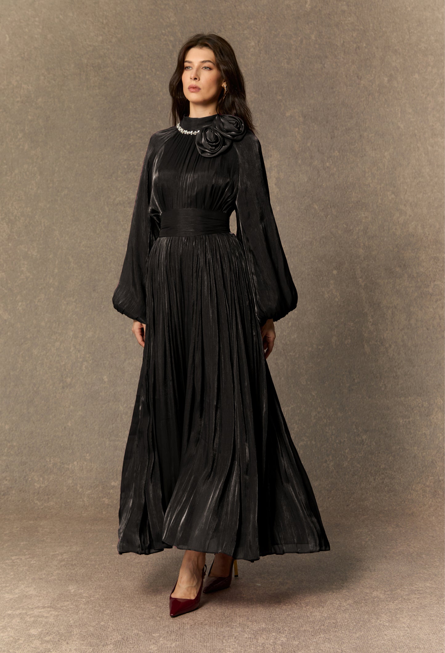 Polished Burgundy Pearl Collared Maxi Dress