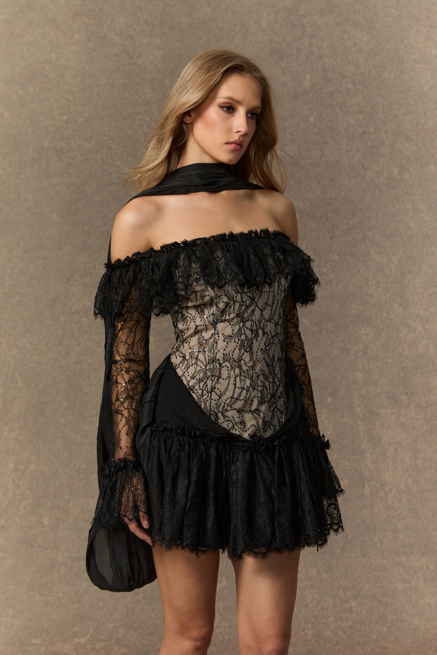 Sultry Black Lace Off-Shoulder Mini Dress