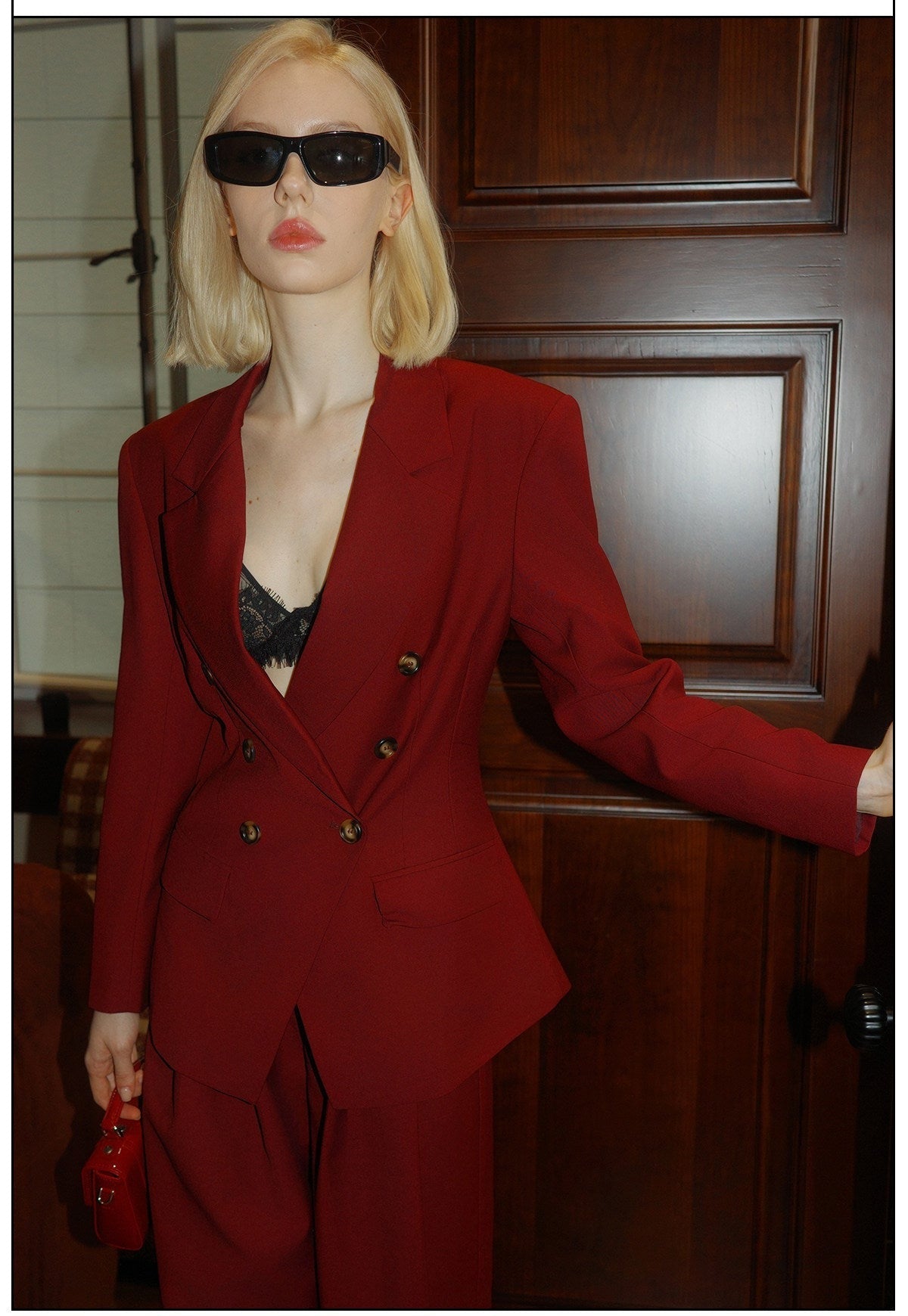 Khaki Viscose Set - Classic Shoulder-Padded Coat and Tailored Pants