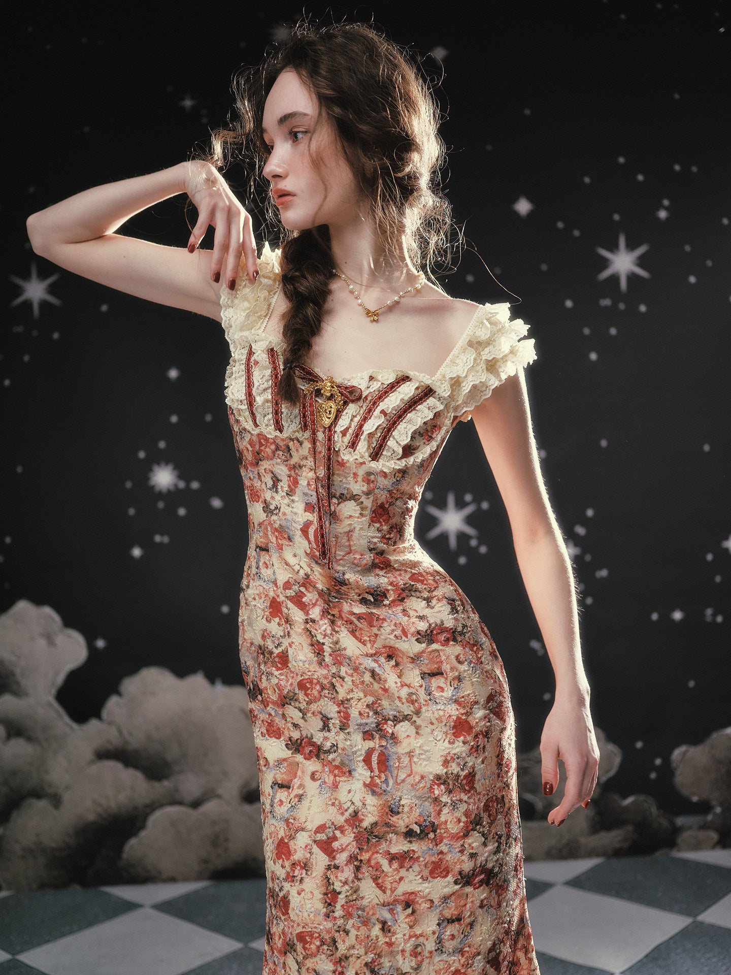 Lace Patchwork Floral Fishtail Dress - French Vintage Style OIDRO Lace Patchwork Floral Fishtail Dress - French Vintage Style OIDRO
